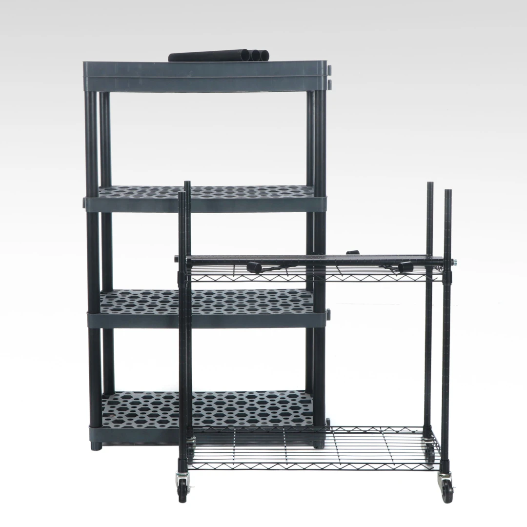 Black Molded Plastic Four-Tier and Wire Shelving Units