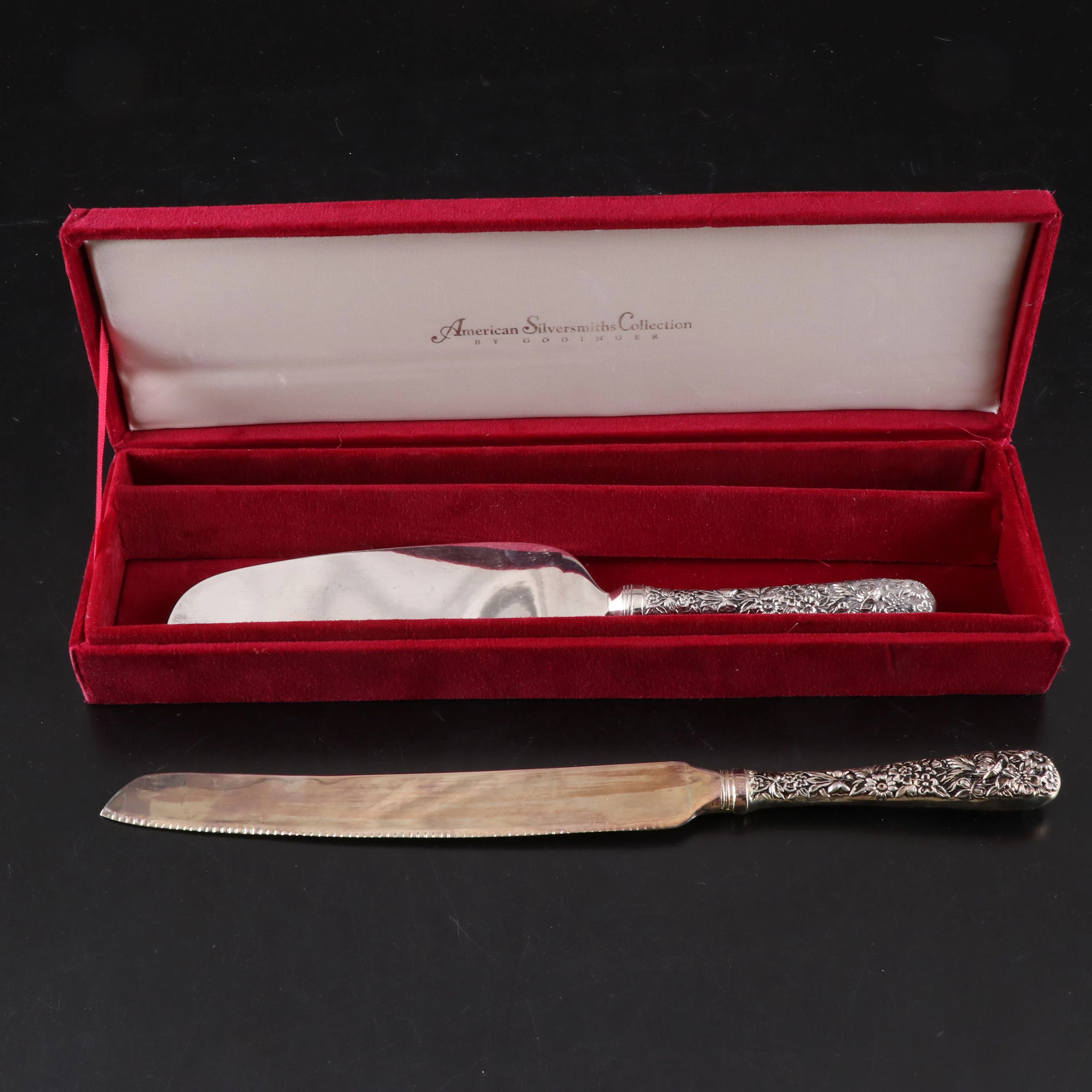Goldinger "American Silversmiths" Silver Plate Repoussé Cake Server & Knife
