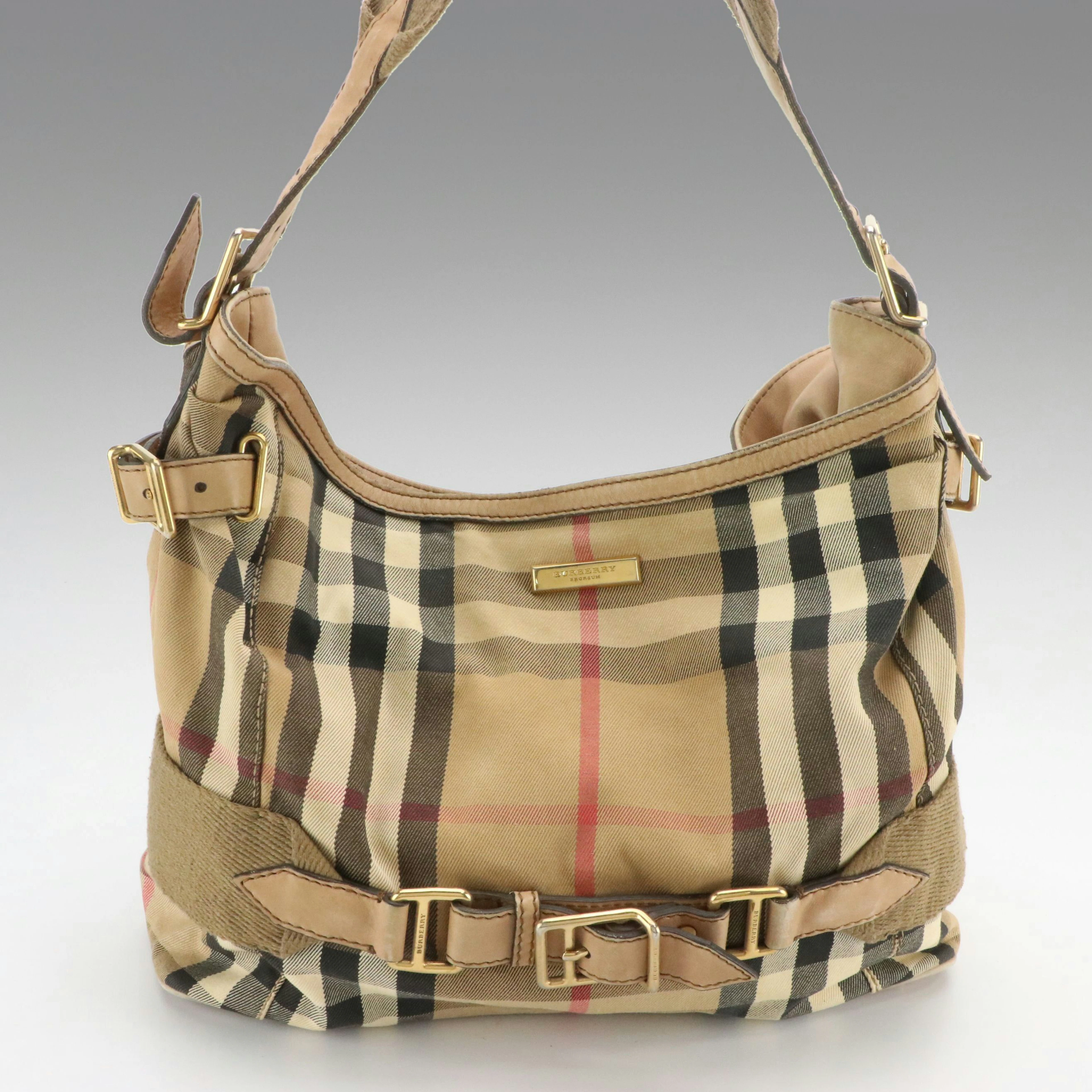 Burberry Parsons Hobo Shoulder Tote Bag in House Check Canvas and Brown Leather