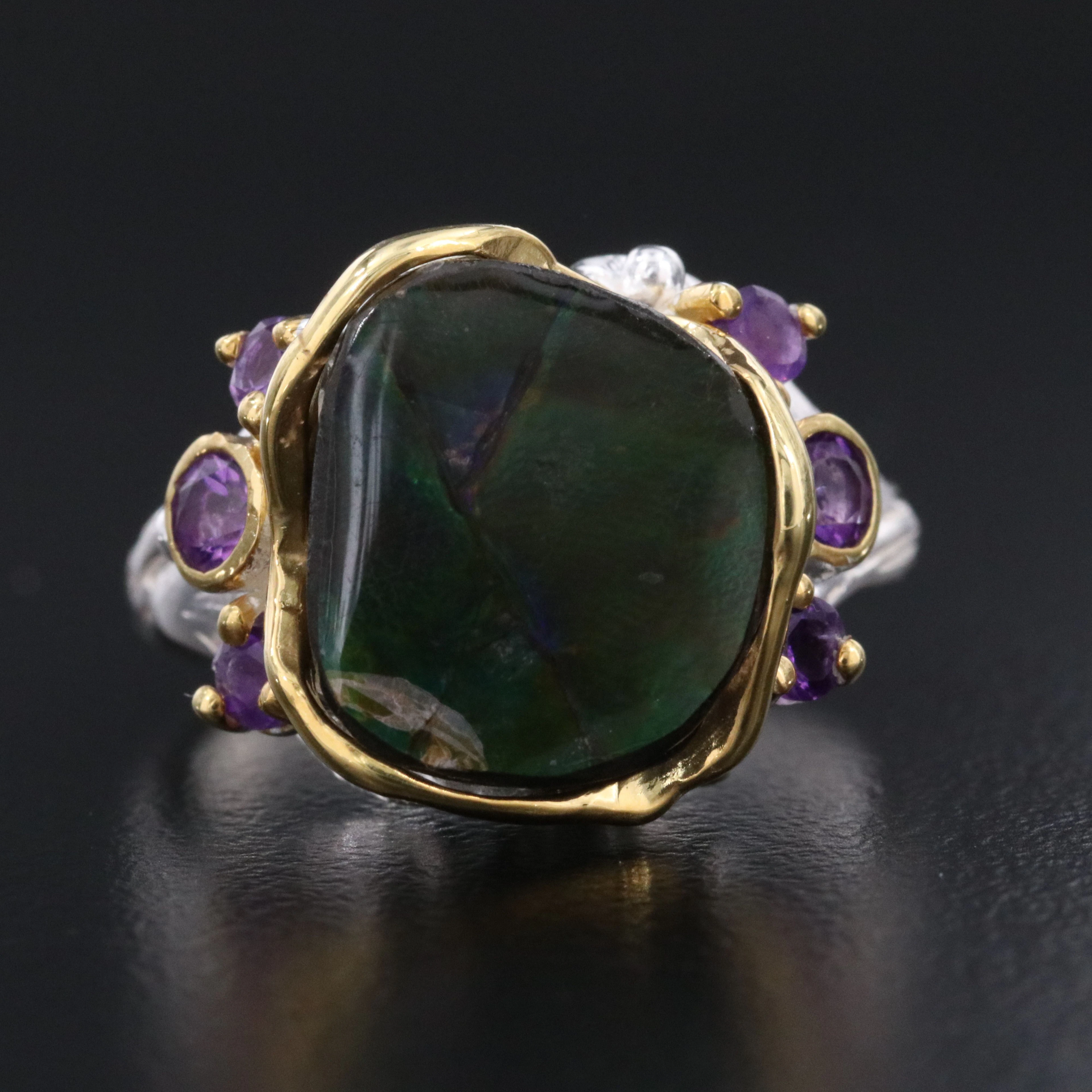 Sterling Ammolite and Amethyst Ring