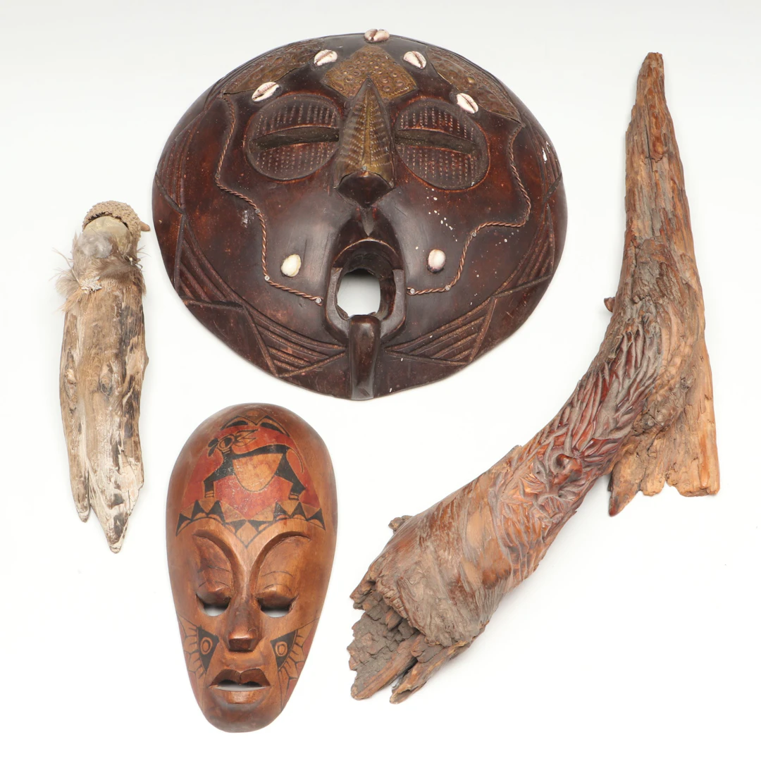 Ghanian and Indonesian Style Hand-Carved Masks, Wooden Wall Sculpture and Doll