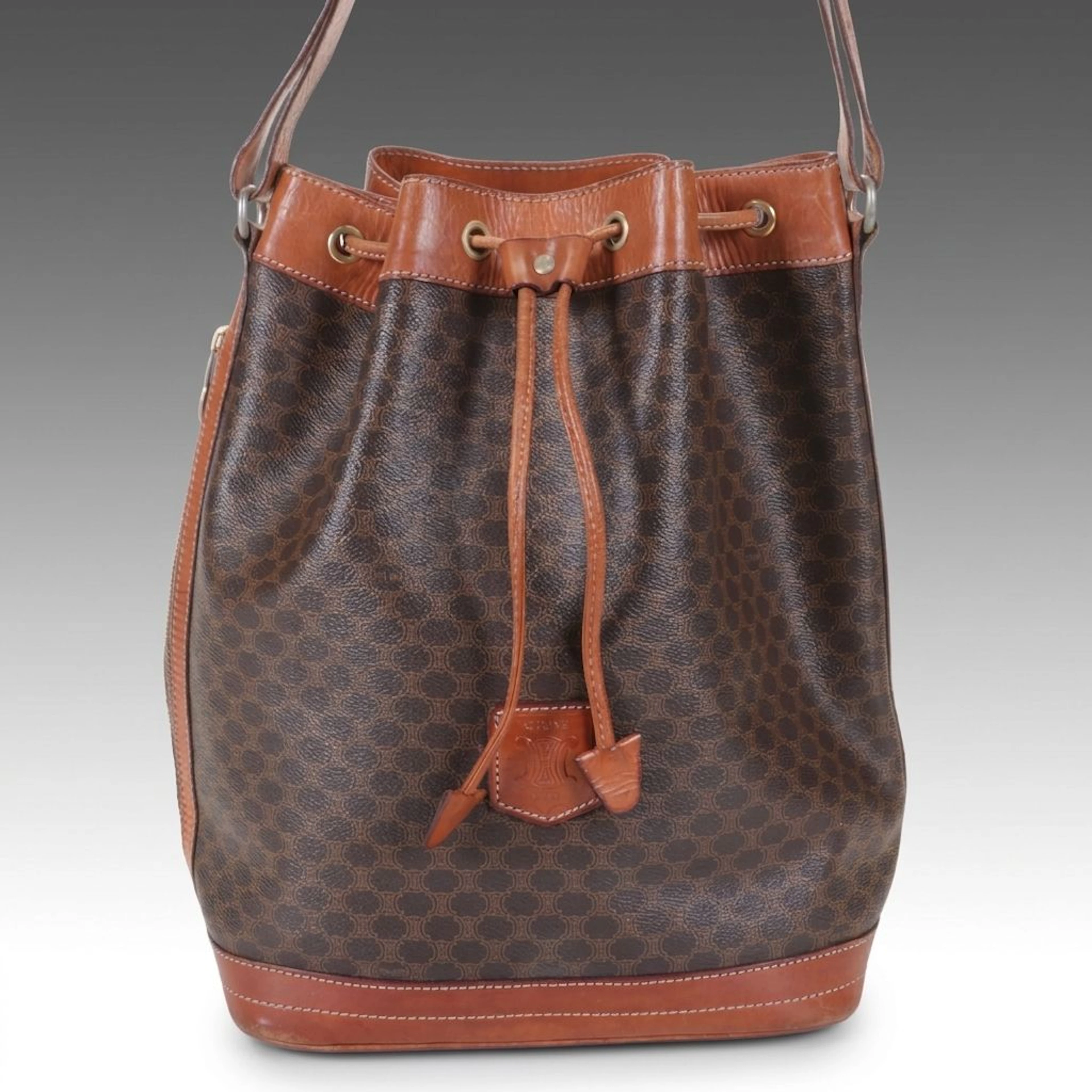 Céline Drawstring Bucket Crossbody Bag in Dark Brown Macadam Canvas and Leather