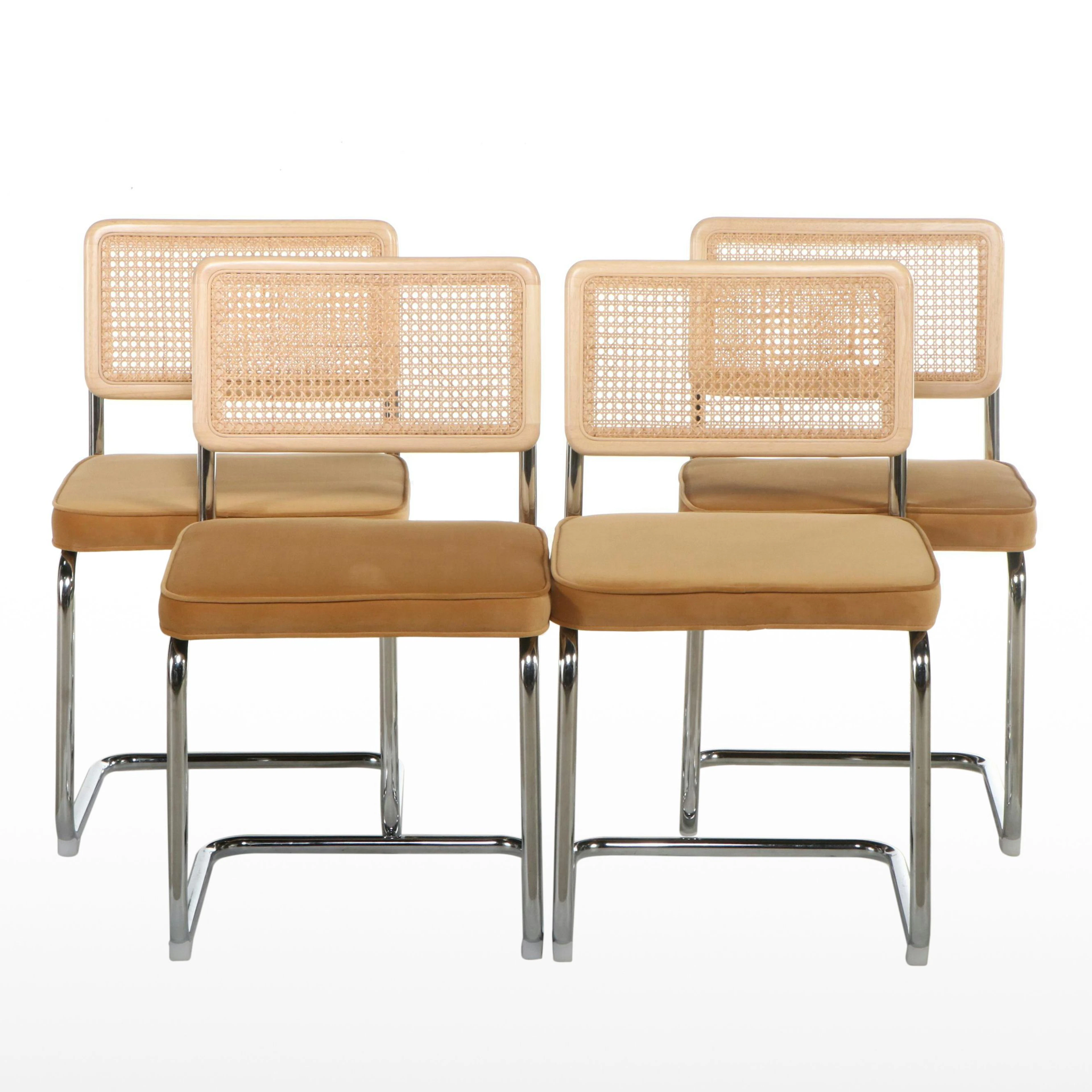 Set of Four Upholstered Cane and Chrome "Cesca" Style Cantilevered Side Chairs