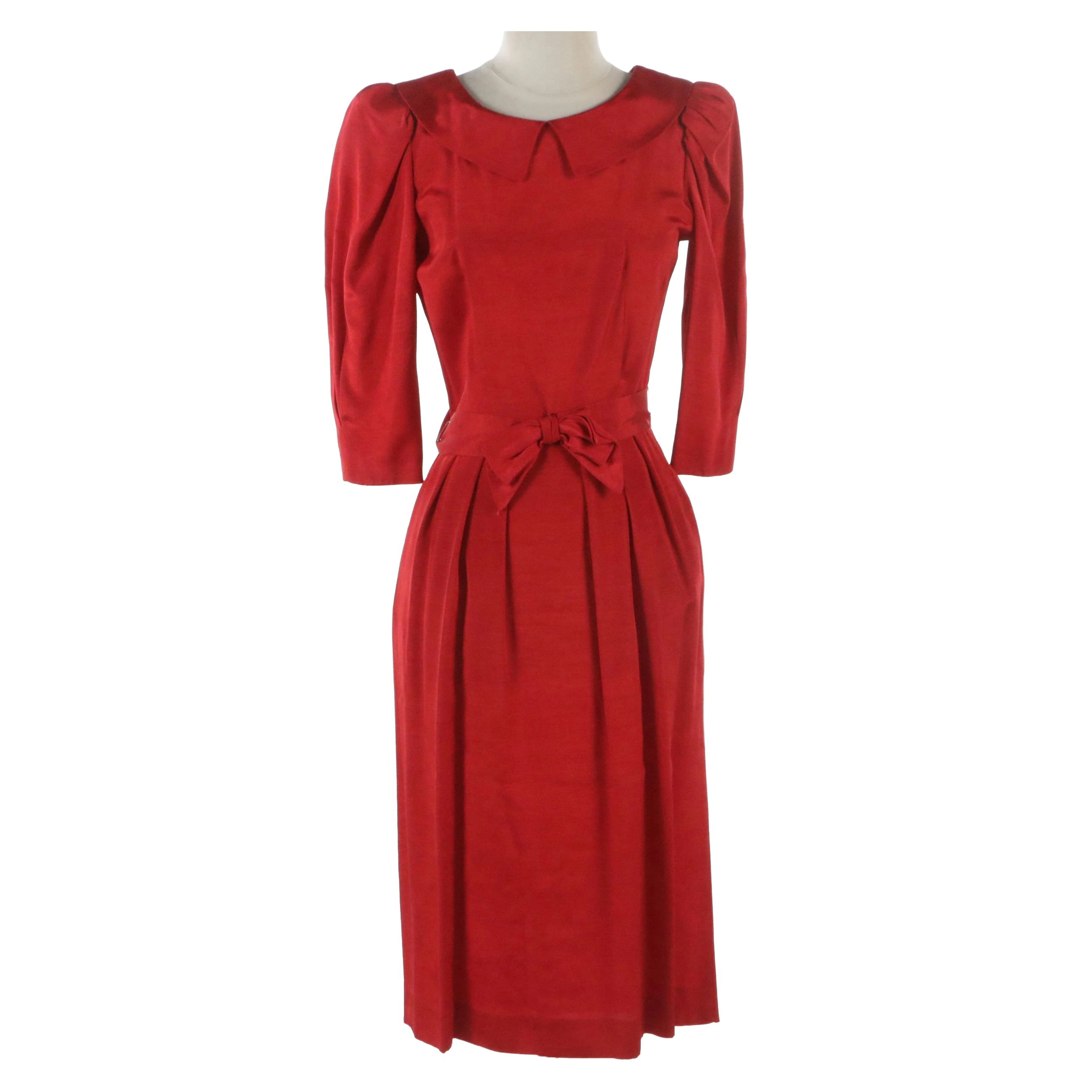 Lanz Original Red Rayon Blend Faille Belted Dress with Peter Pan Collar and Bow