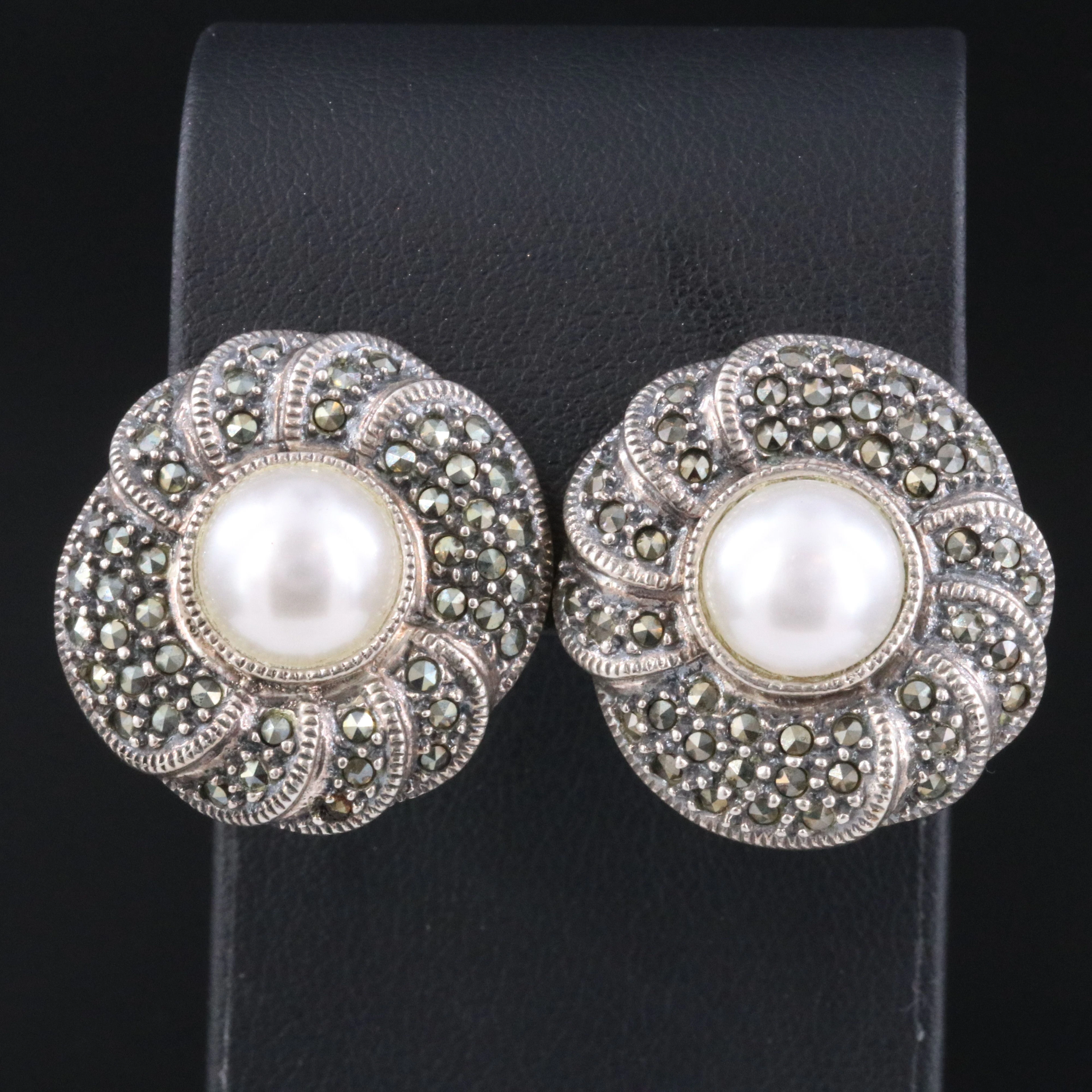 Judith Jack Sterling Faux Pearl and Marcasite Earrings