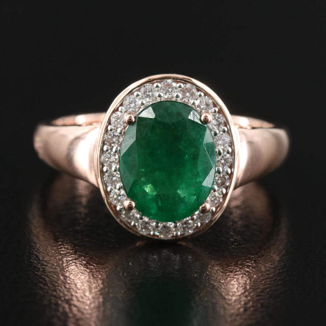 14K Rose Gold 1.40 CT Emerald and CTW Diamond Halo Ring with IGI Report