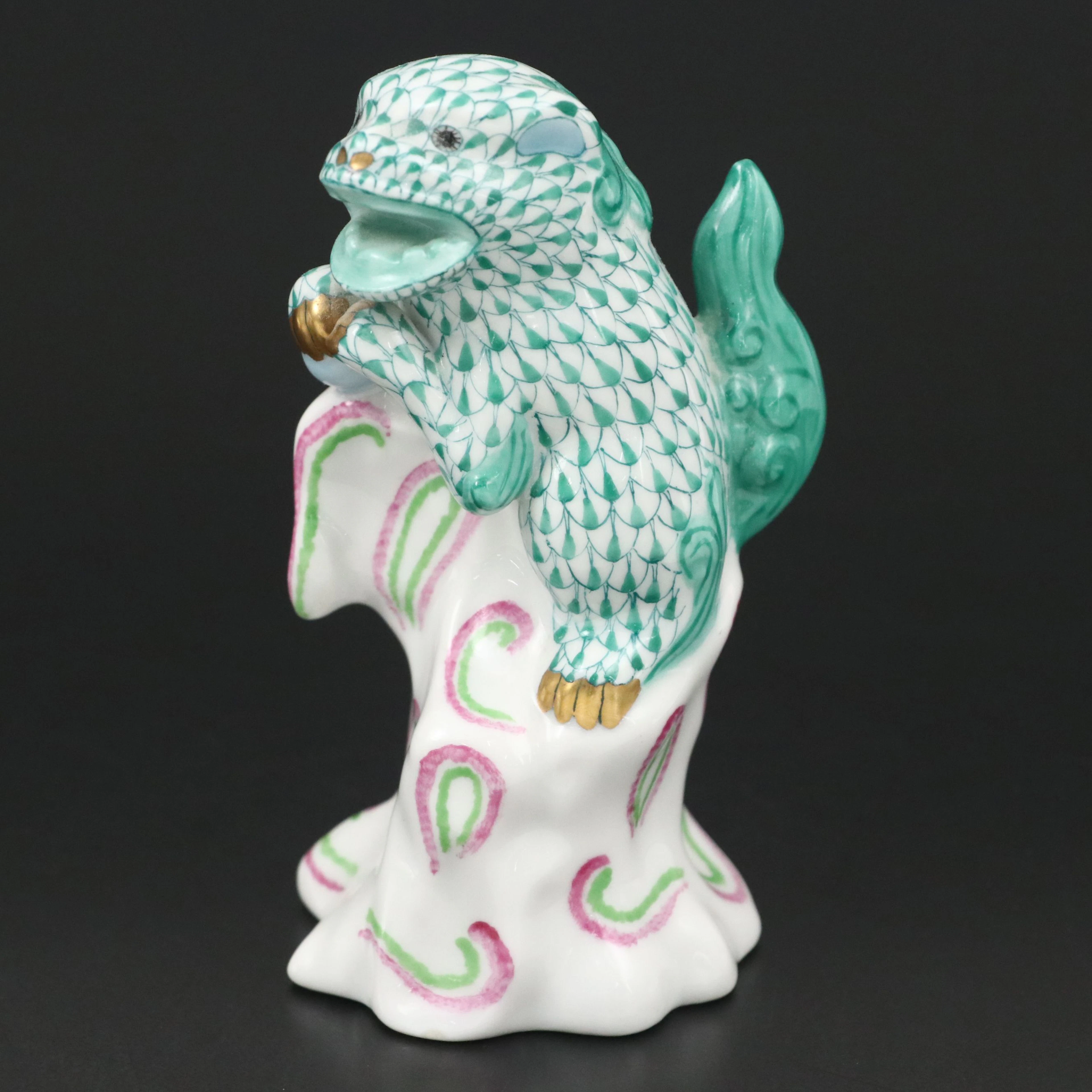Herend Green Fishnet with Gold "Foo Dog" Porcelain Figurine