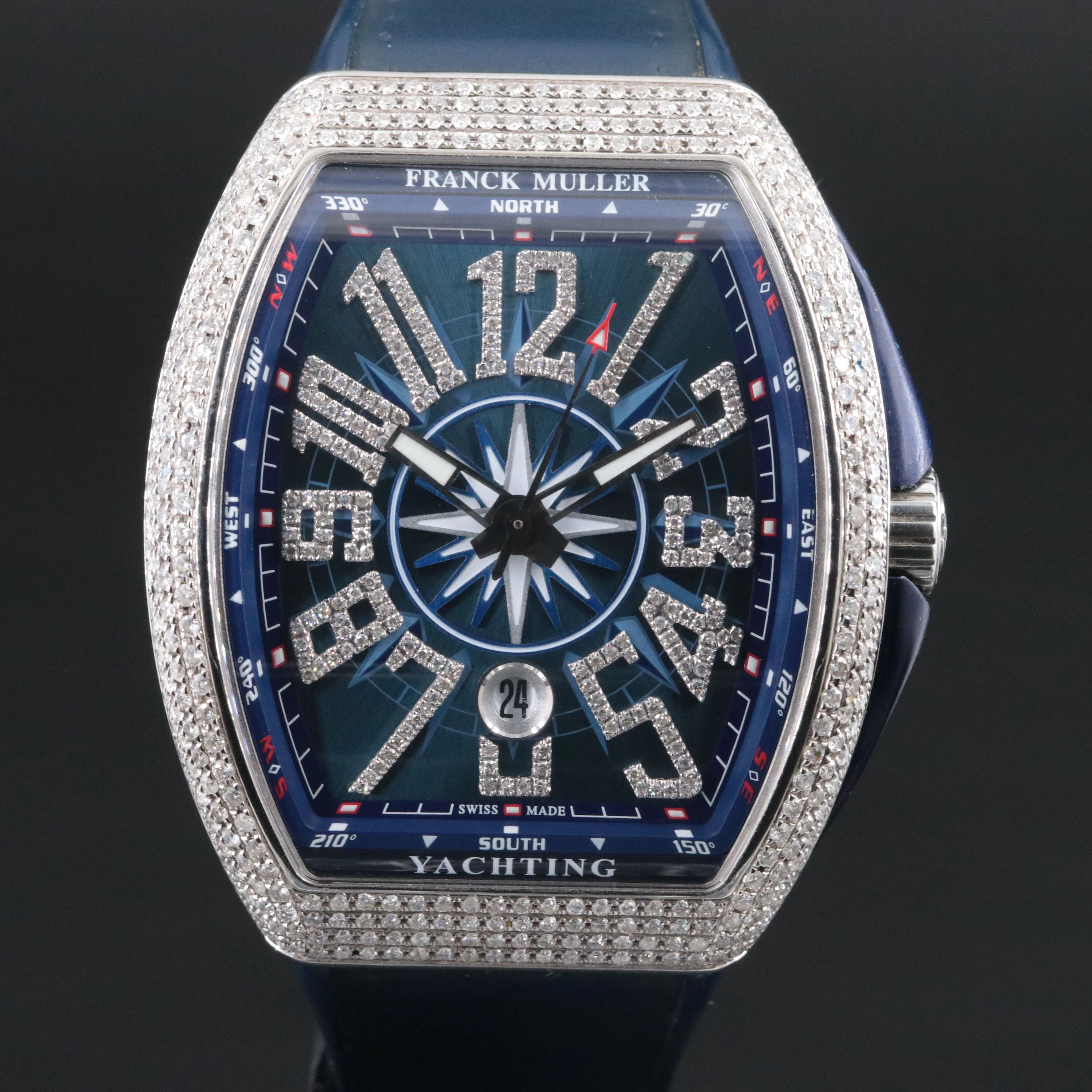 Franck Muller Vanguard Blue Yachting Custom 4.10 CTW Diamonds Steel Watch