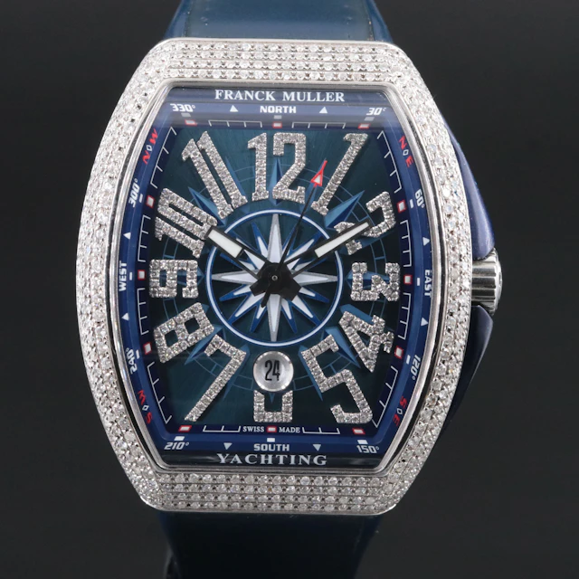Franck Muller Vanguard Blue Yachting Custom 4.10 CTW Diamonds Steel Watch
