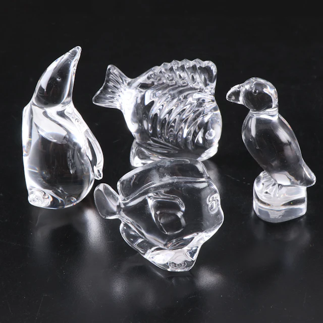 Steuben, Hadeland, Baccarat and Waterford Bird and Fish Figurines