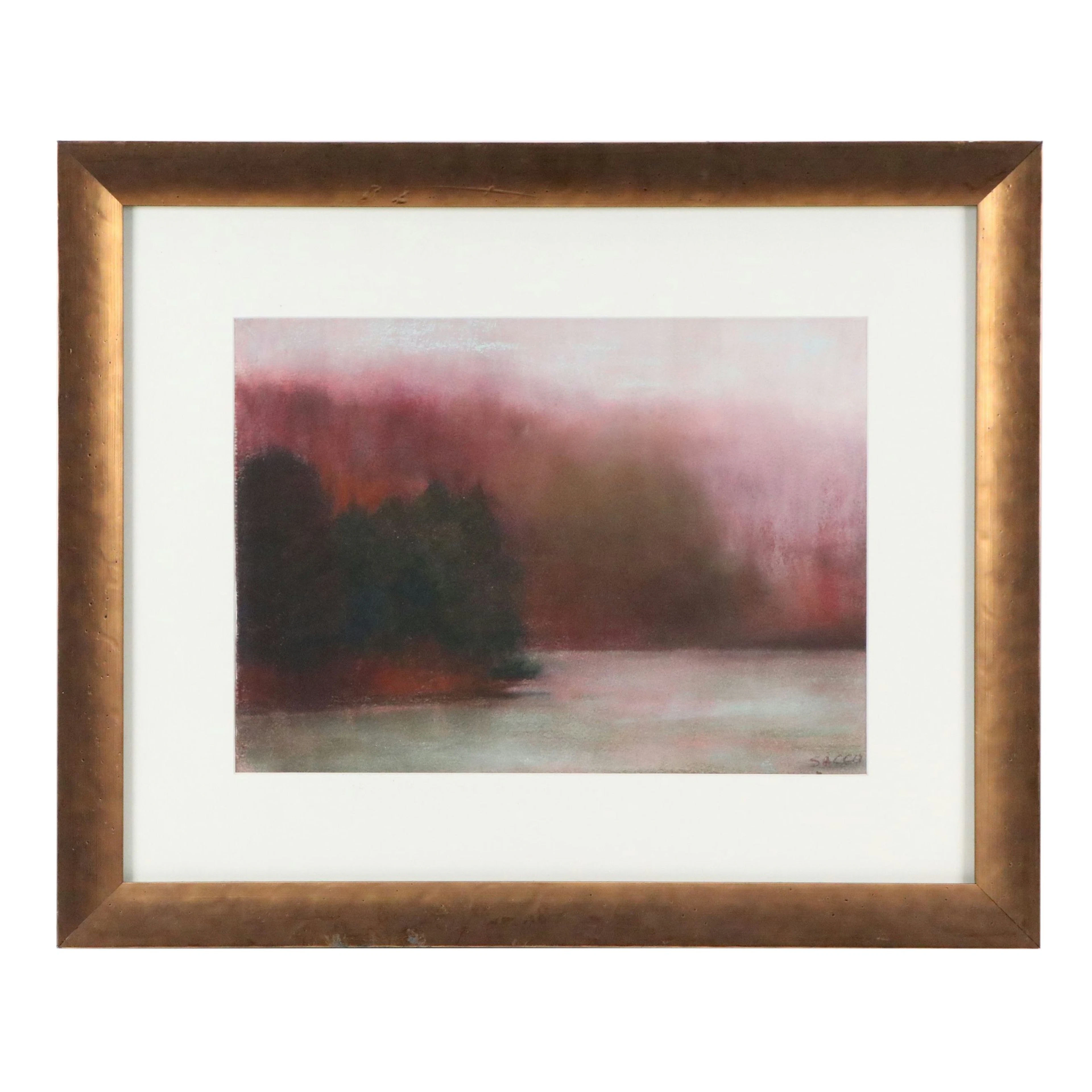 Cathy Sacco Chalk Pastel Drawing of Atmospheric Lake Landscape, 21st Century