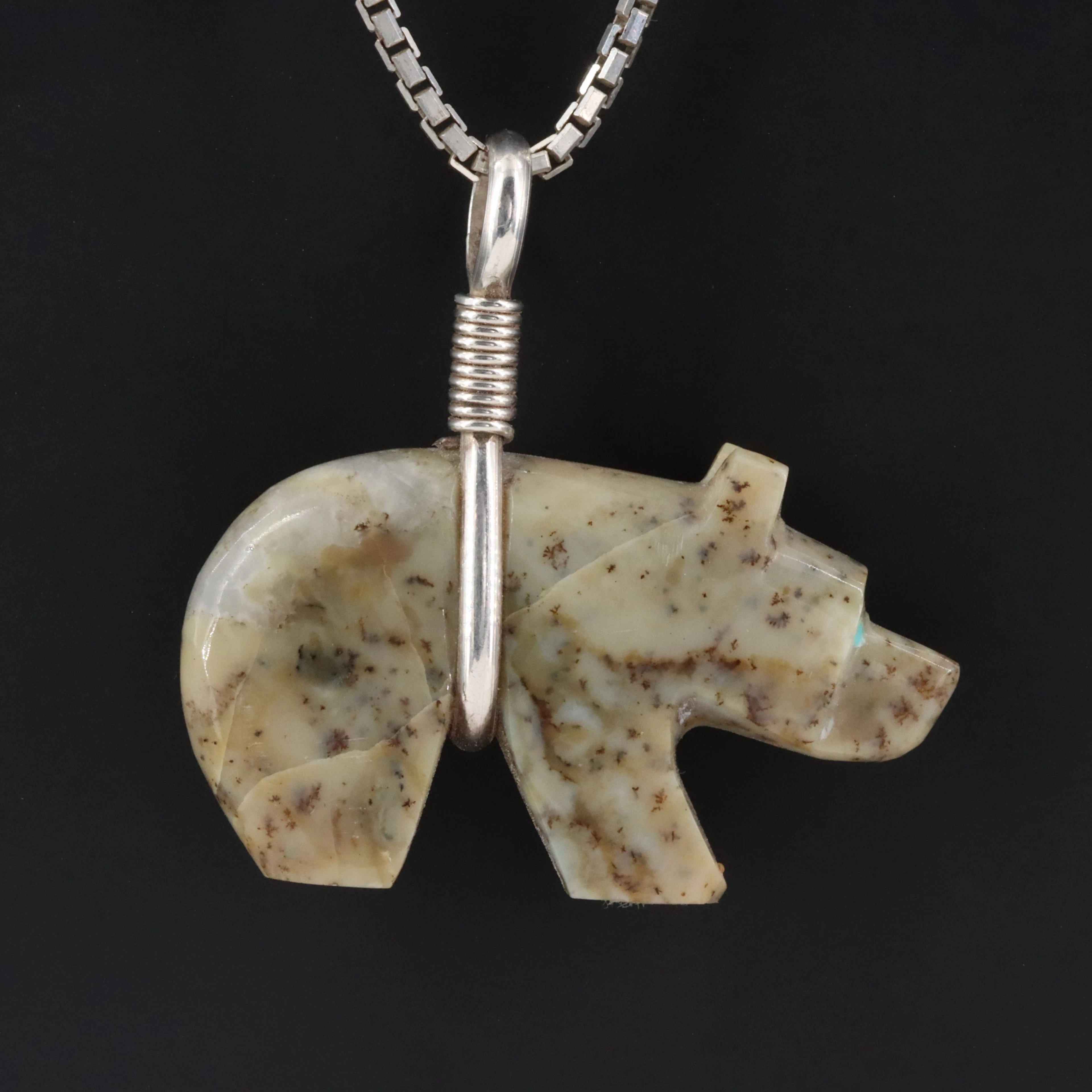 Southwestern Sterling Carved Jasper Bear Pendant Necklace