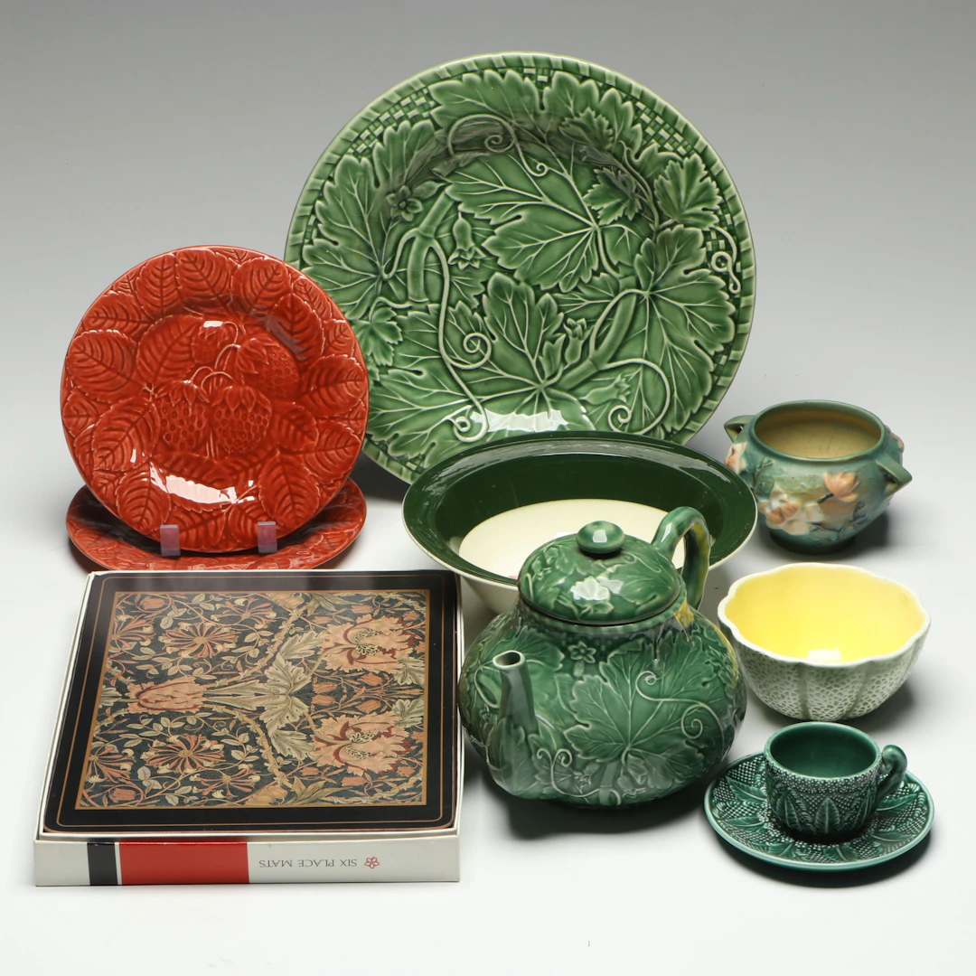 Bordallo Pinheiro "Vine Green" Majolica Platter and Teapot with More