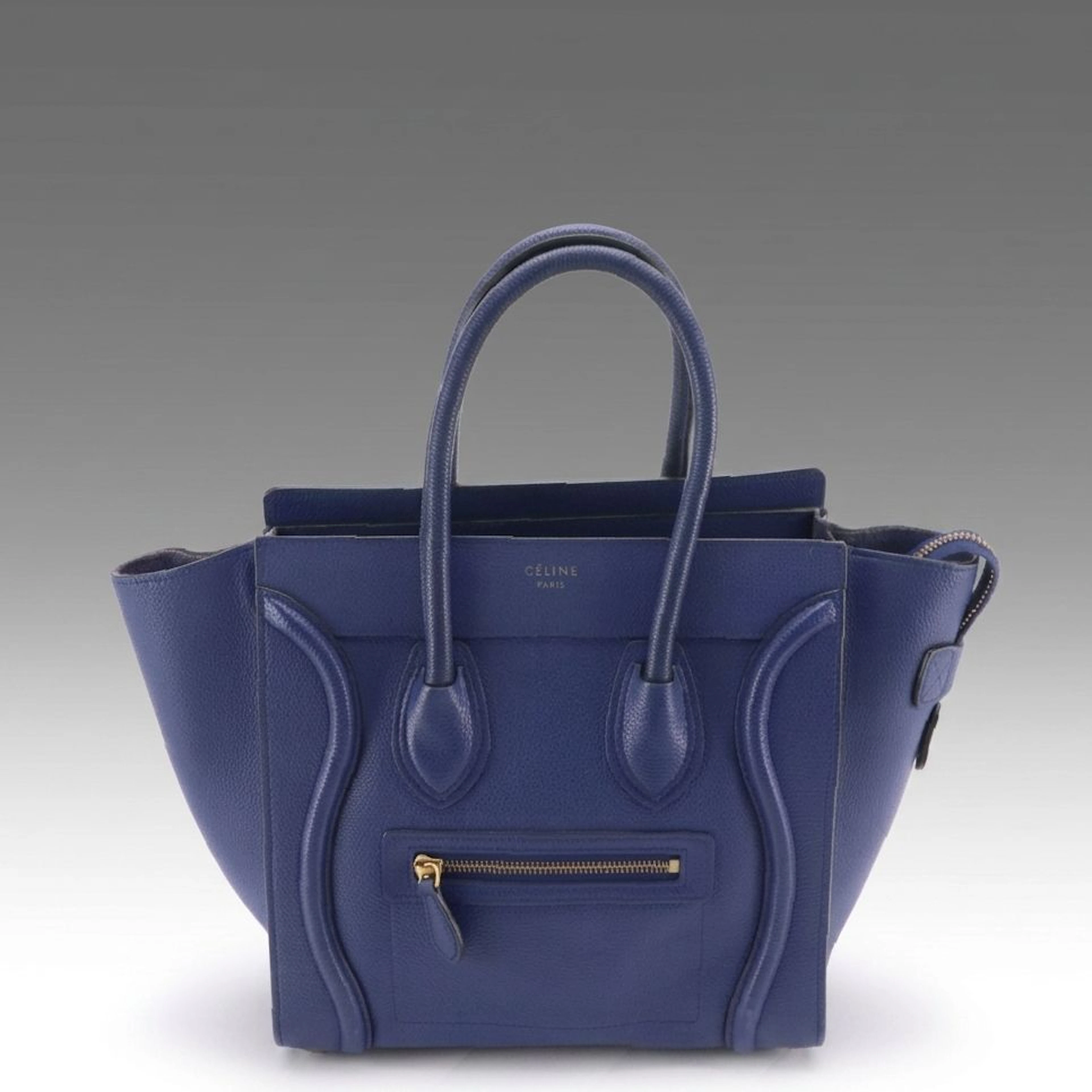 Céline Micro Luggage Top Handle Zip Tote in Blue Grained Calfskin Leather