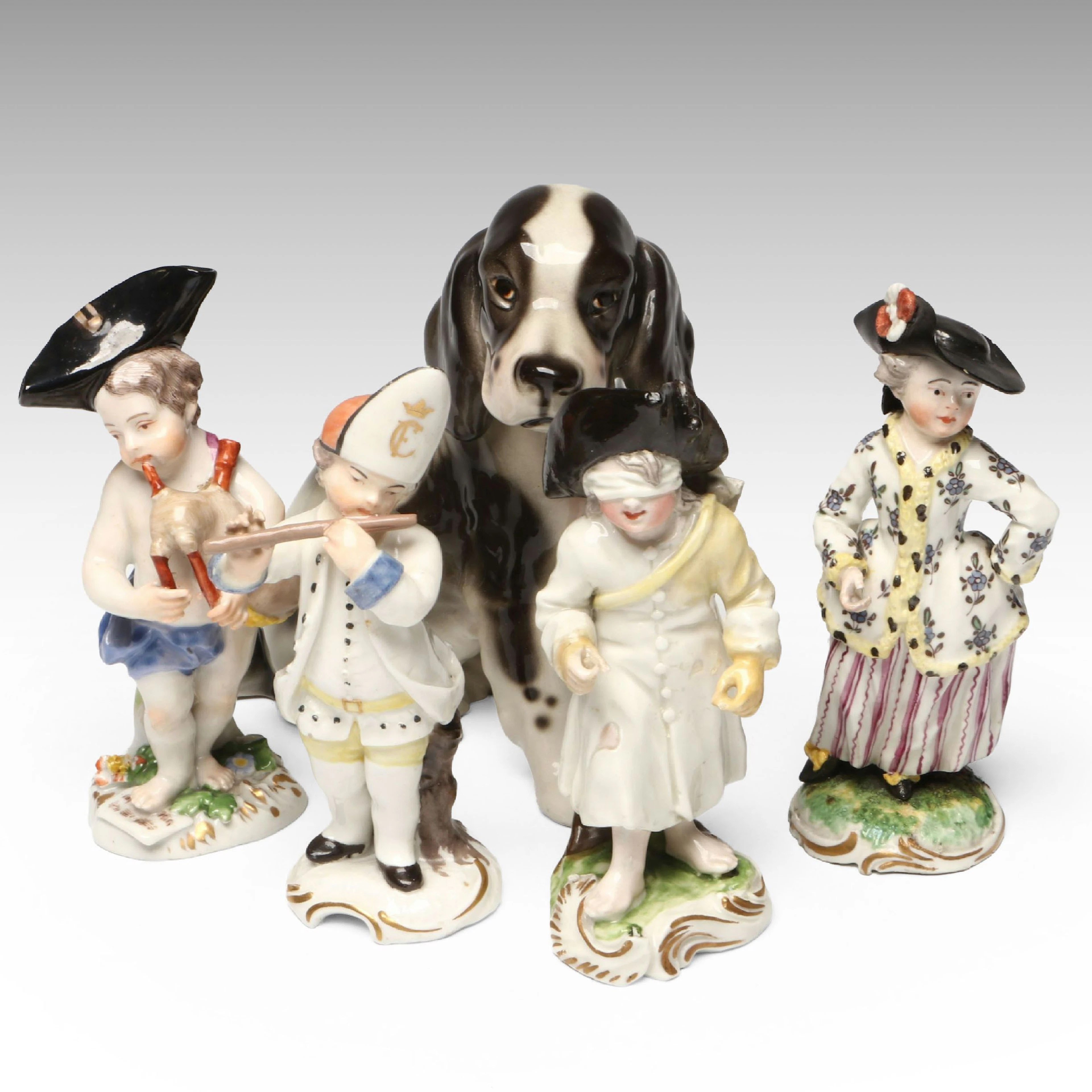 E&R Austria Porcelain Dog Figurine with Höchst and Frankenthal Antique Figures