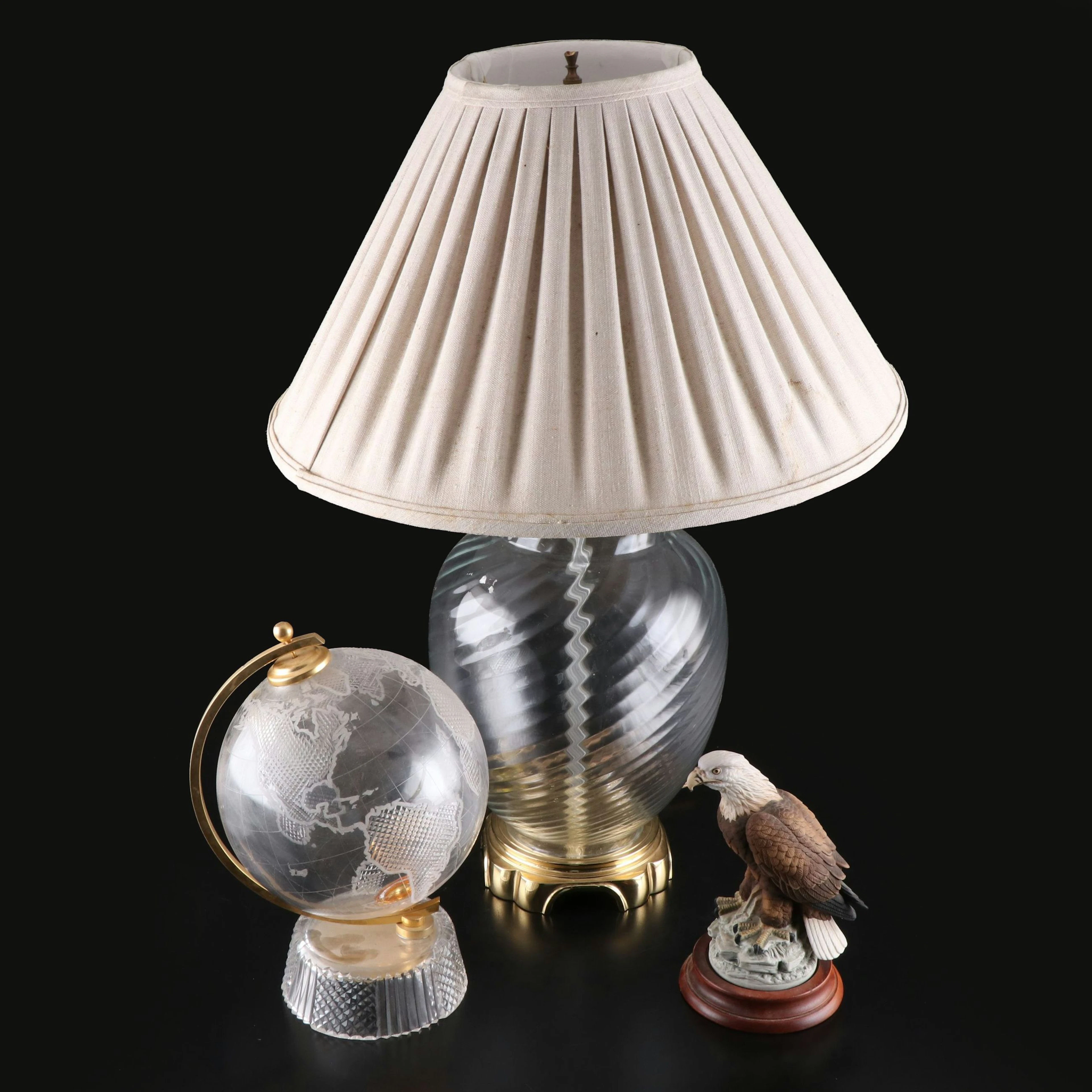 Andrea by Sadek "Bald Eagle" Porcelain Figurine with Glass Globe and Table Lamp