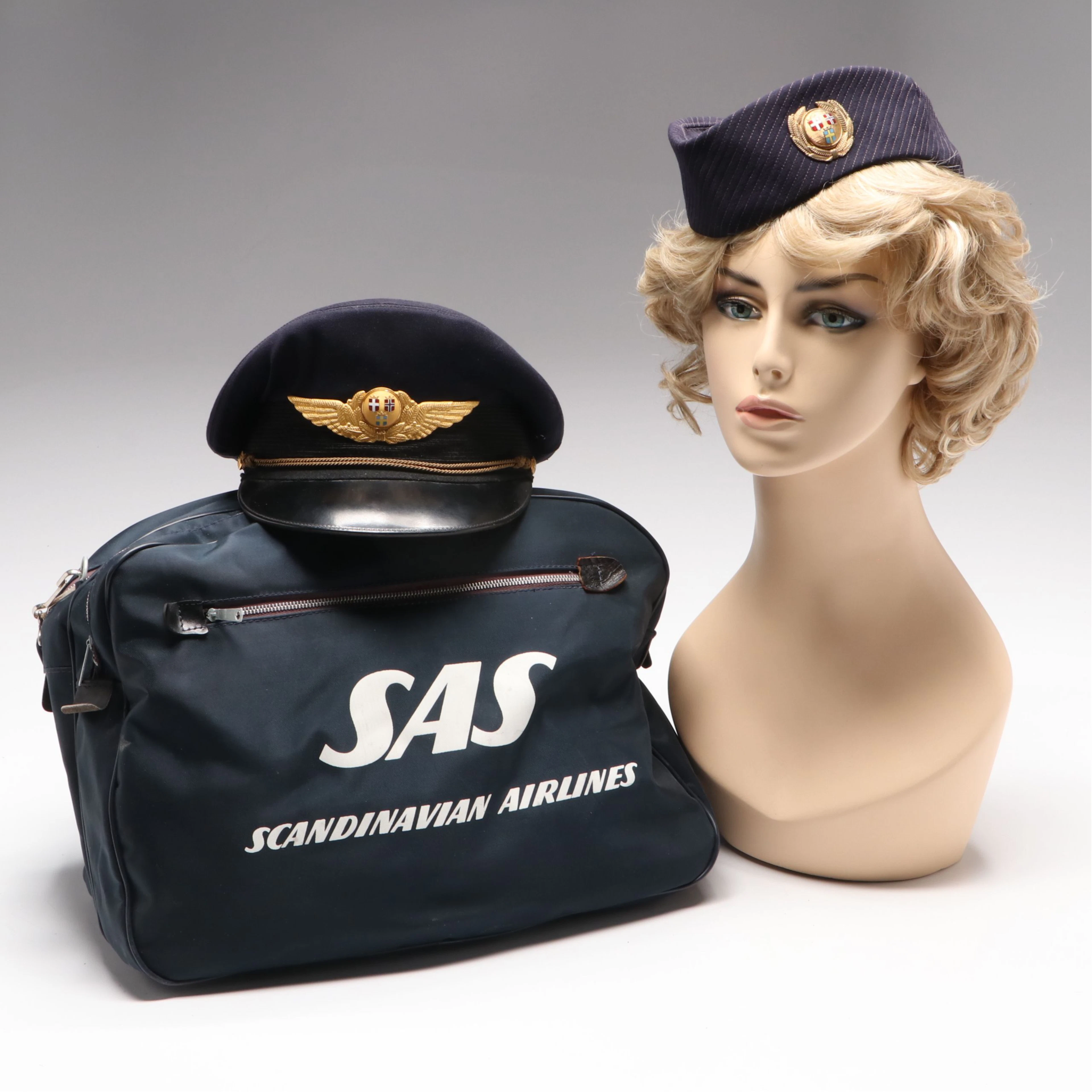 Scandinavian Airlines Captain's and Stewardess Hats with Travel Bag