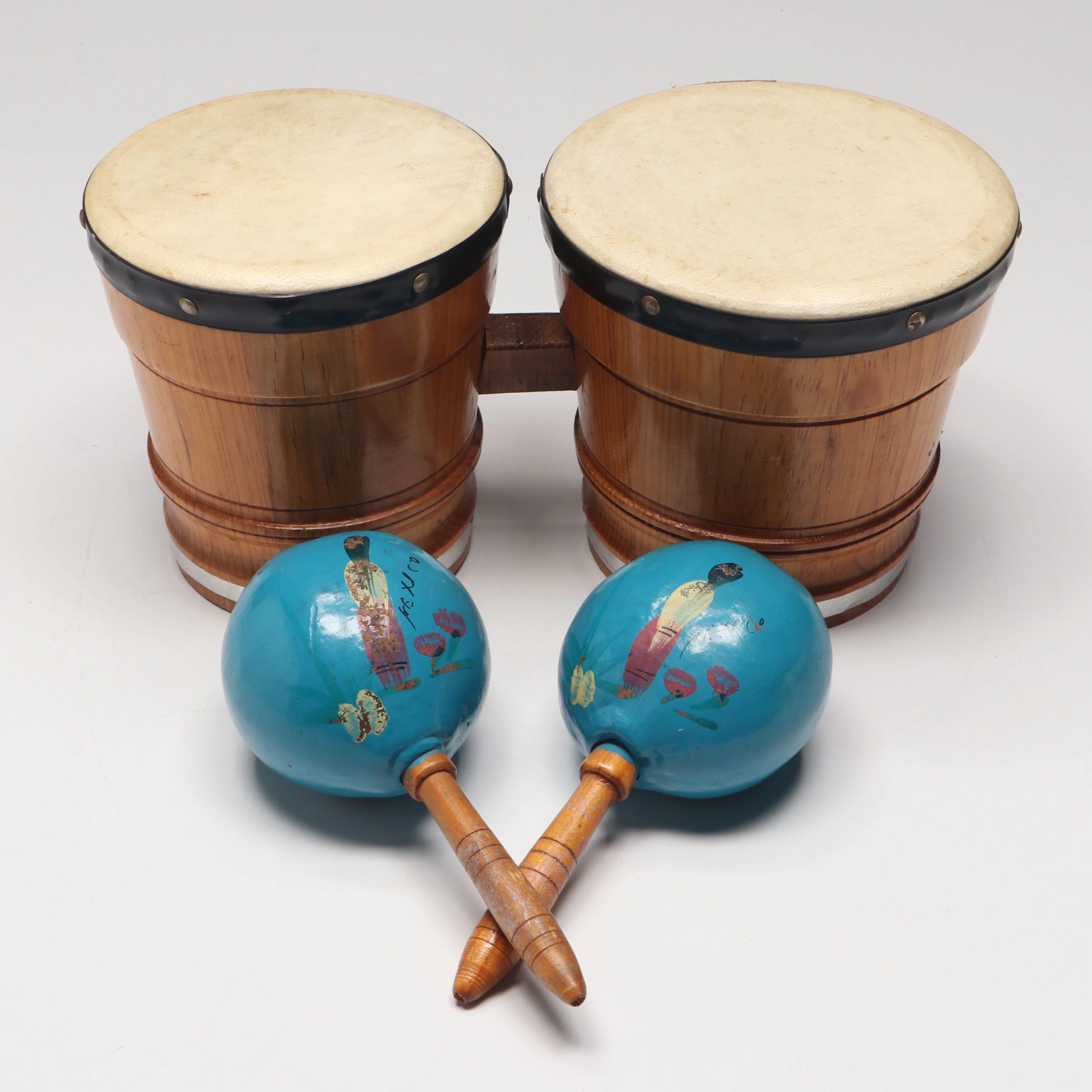 Bongo Pair with Mexican Hand-Painted Maracas