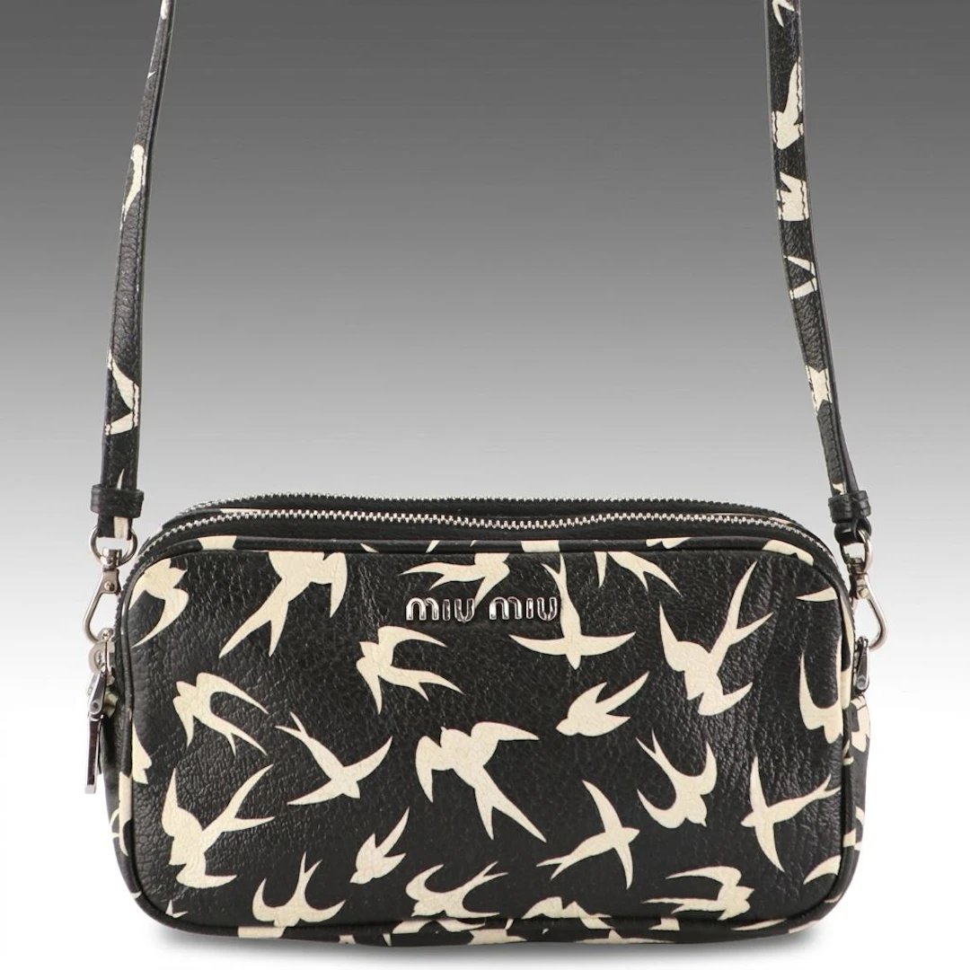 Miu Miu Pochette Crossbody Bag in Black & White Swallow Printed Goatskin