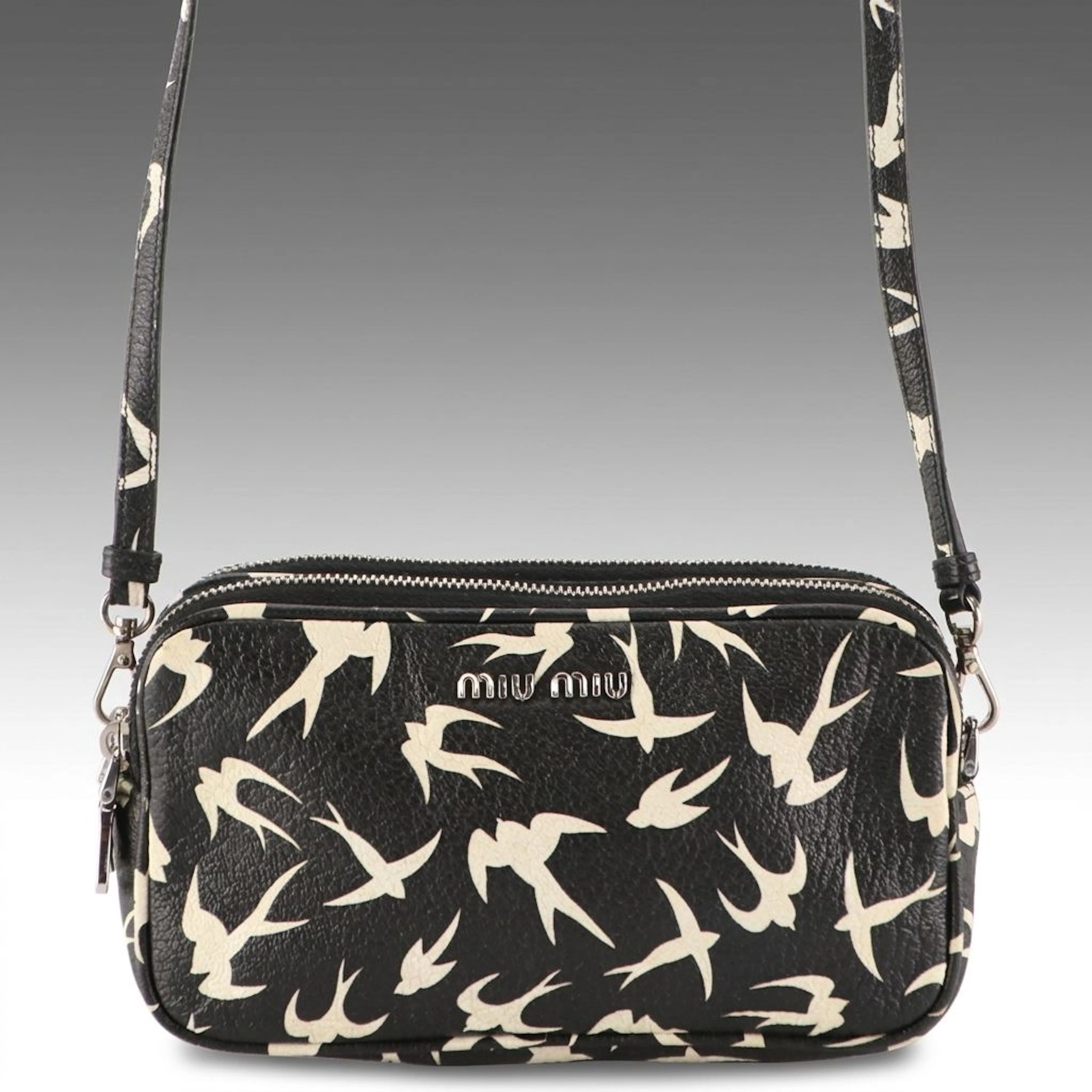 Miu Miu Pochette Crossbody Bag in Black & White Swallow Printed Goatskin