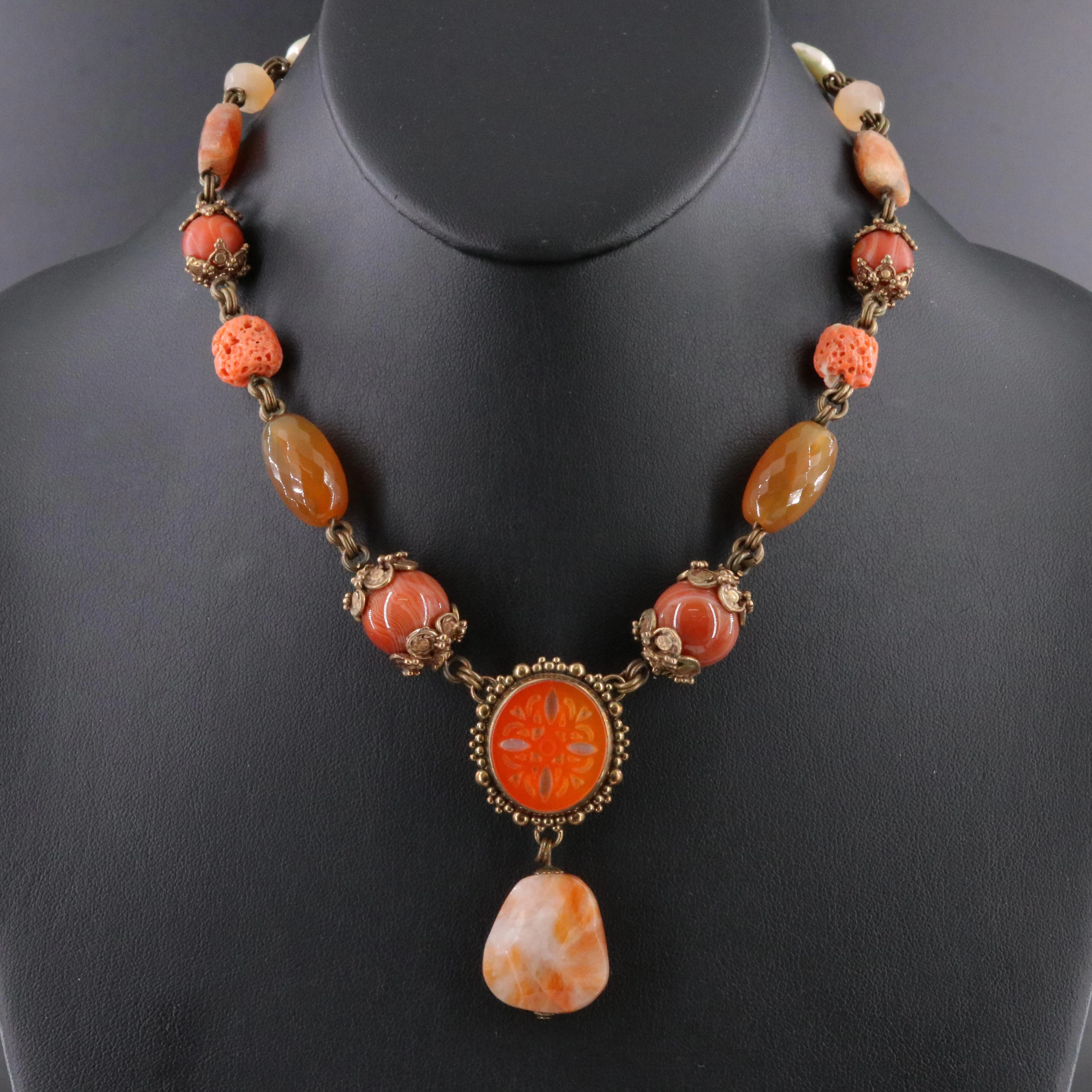 Stephen Dweck Toggle Necklace Featuring Agate, Coral and Pearl