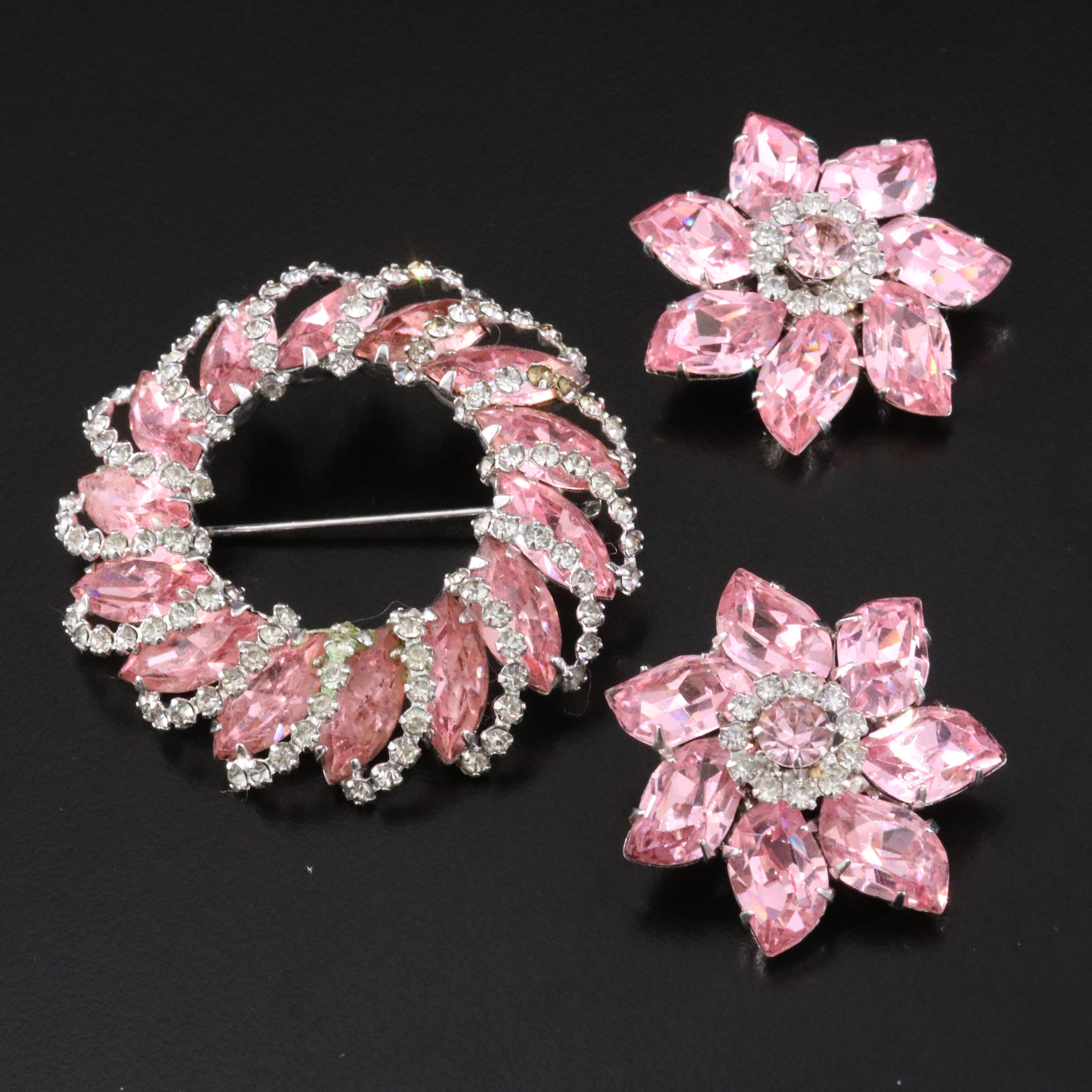 Weiss Pink and White Rhinestone Brooch and Earring Set