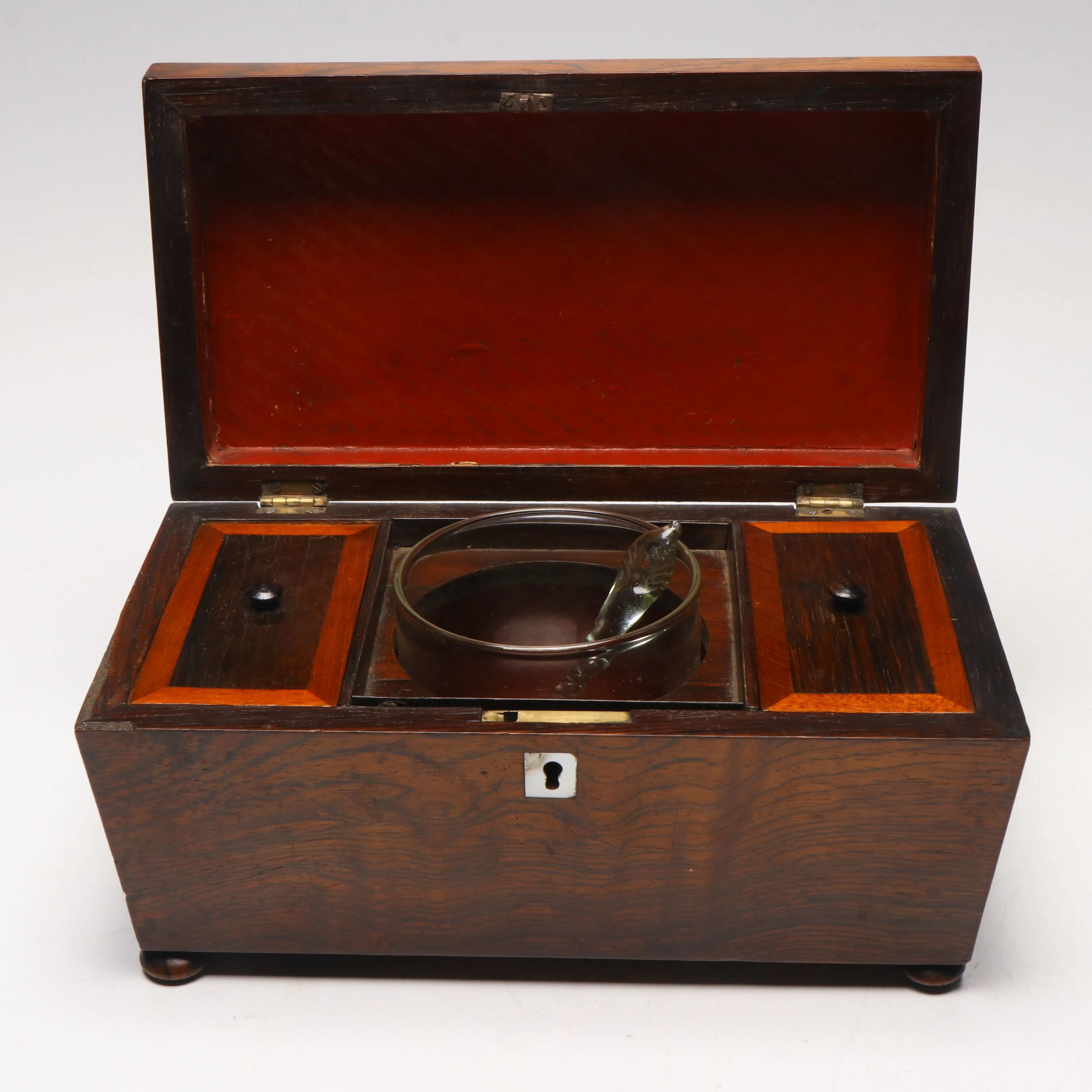 English Georgian Style Mother of Pearl Inlaid Wood Tea Caddy, Antique
