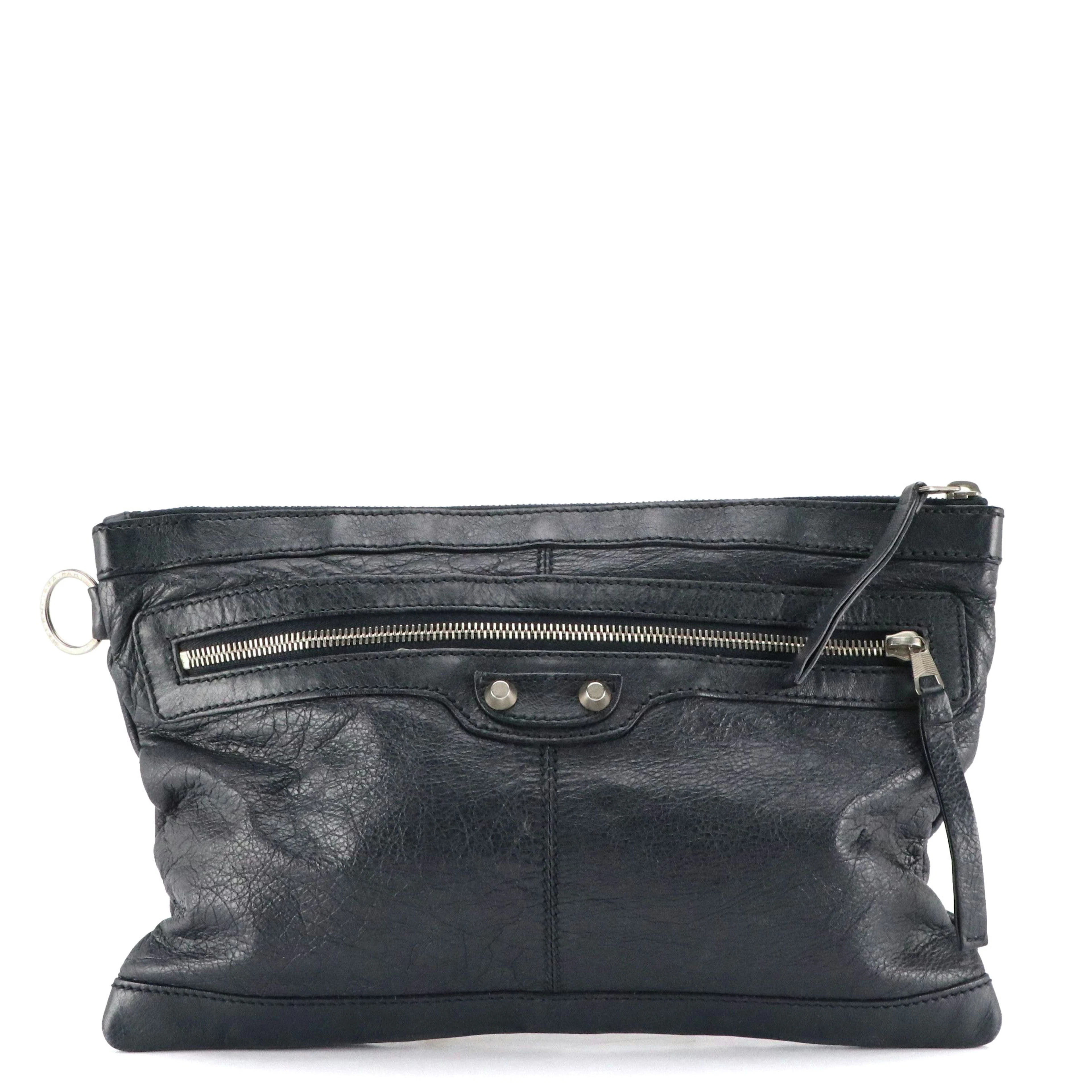 Balenciaga Motocross Classic Clip Zip Pouch in Navy Blue Agneau Leather