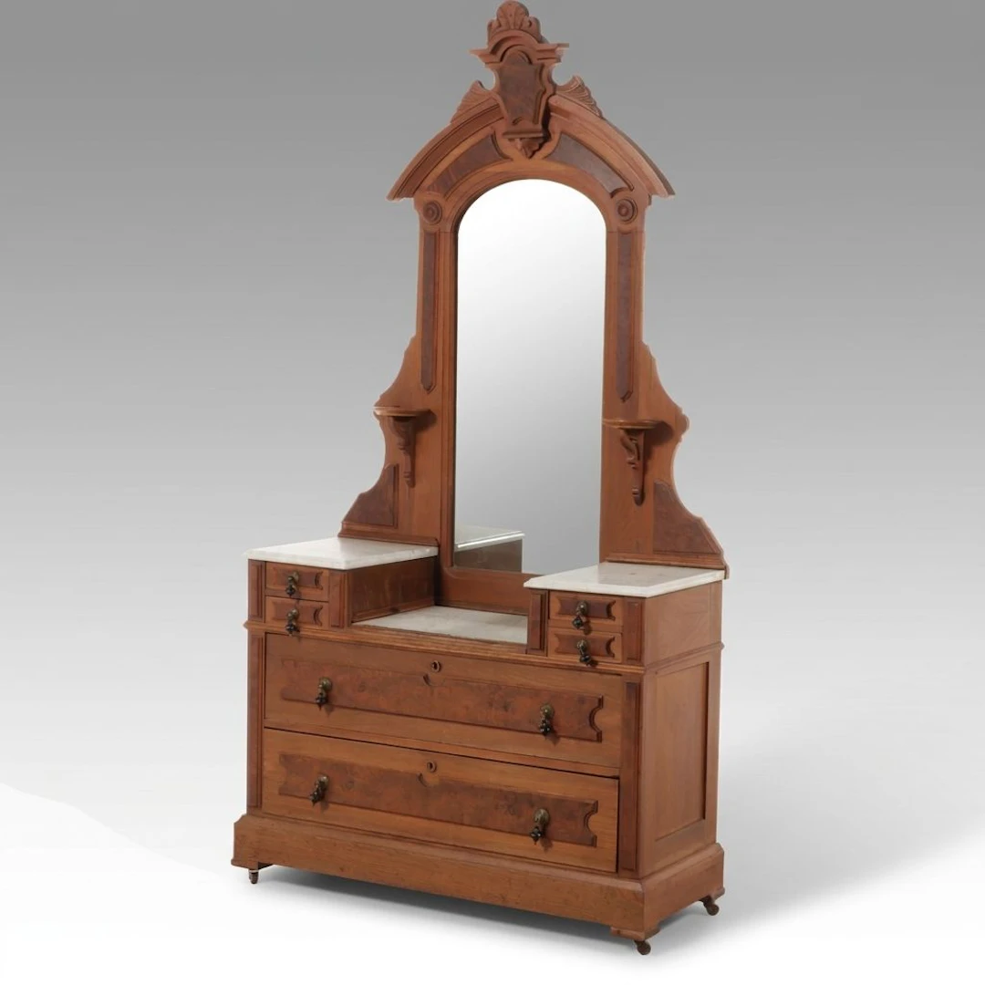 Victorian Eastlake Style Carved Walnut and Marble Top Dresser with Mirror