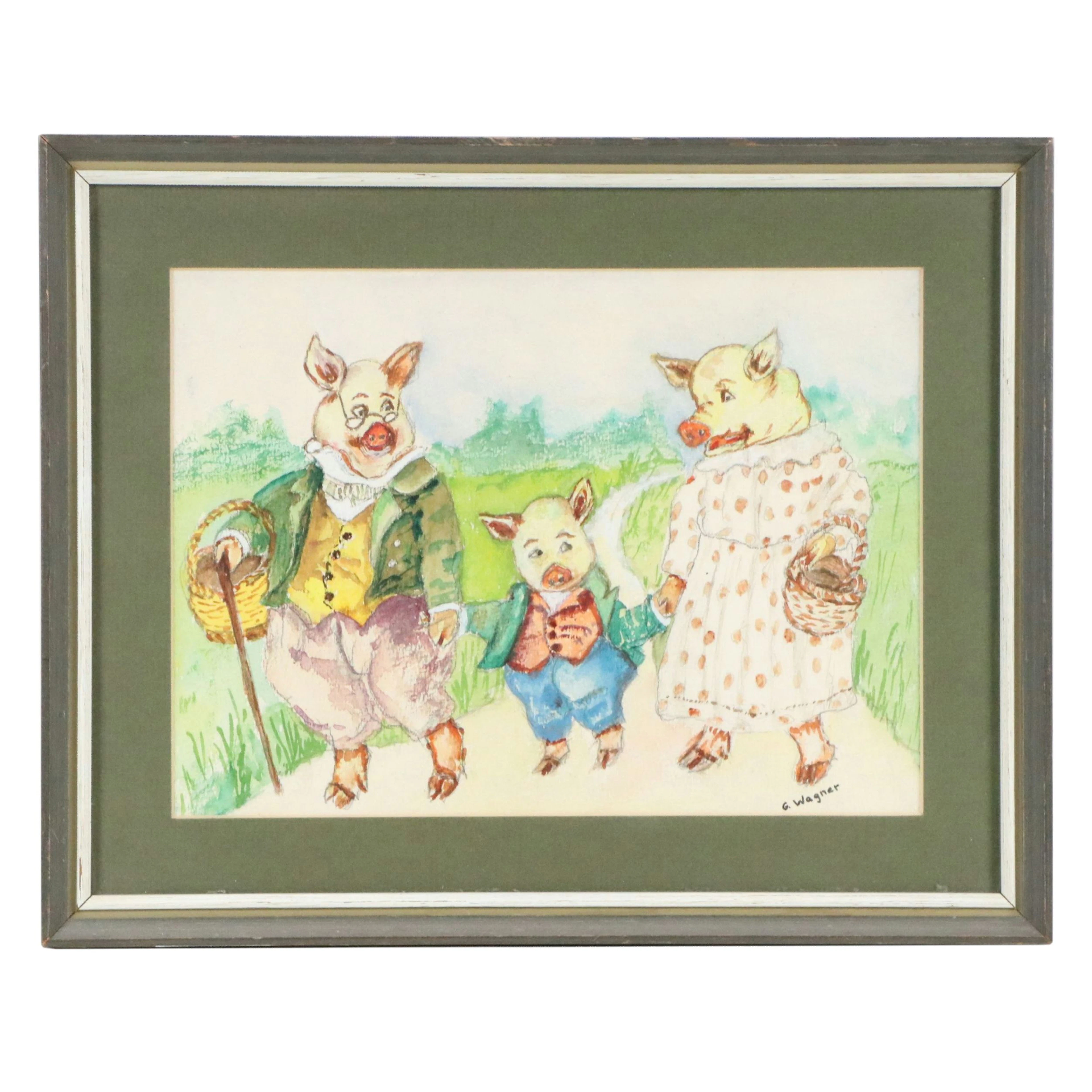 G. Wagner Watercolor Painting of a Pig Family on a Picnic, 20th Century
