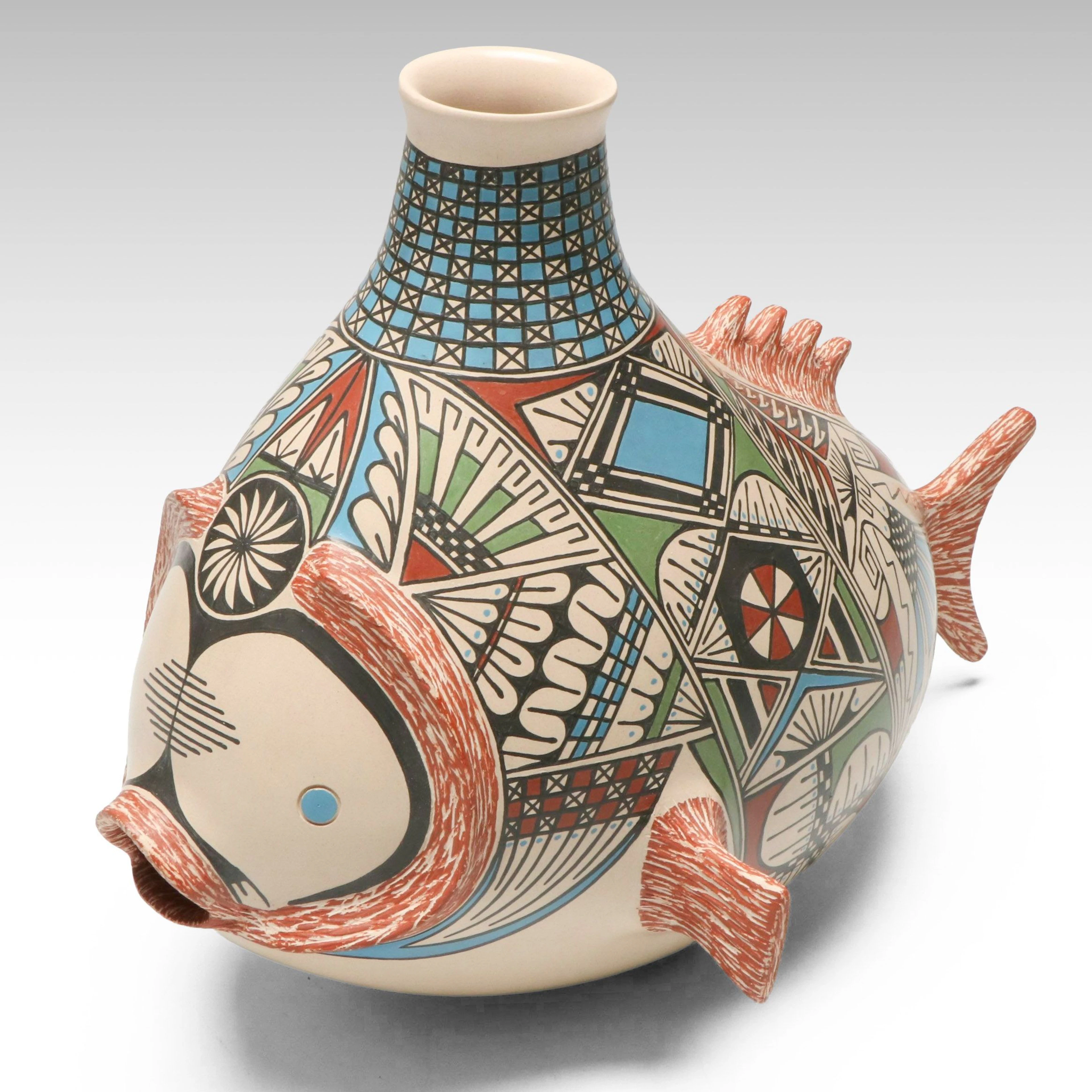 Adrian Rojas Mata Ortiz Polychrome Pottery Fish Vase