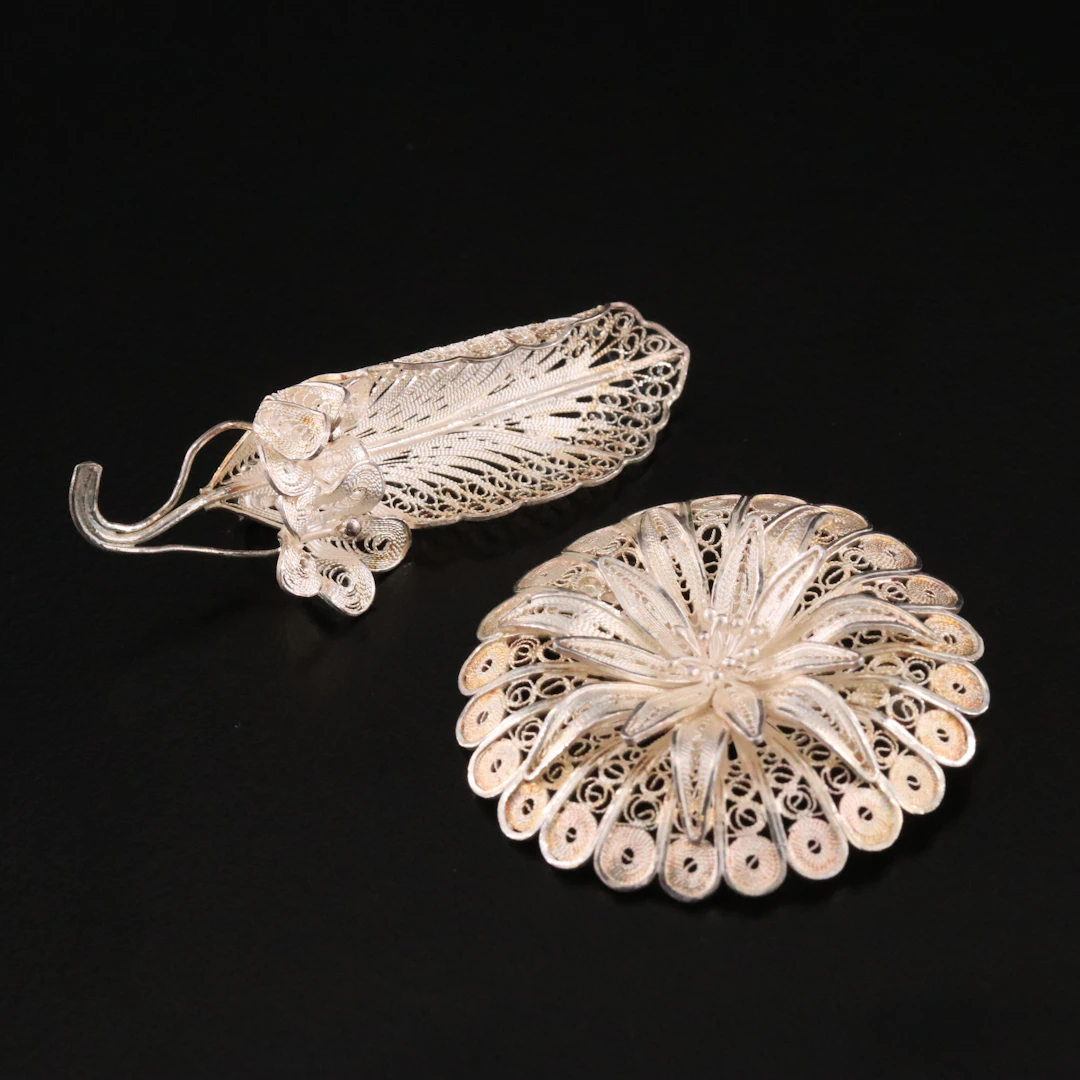 Sterling Filigree Flower and Leaf Brooches