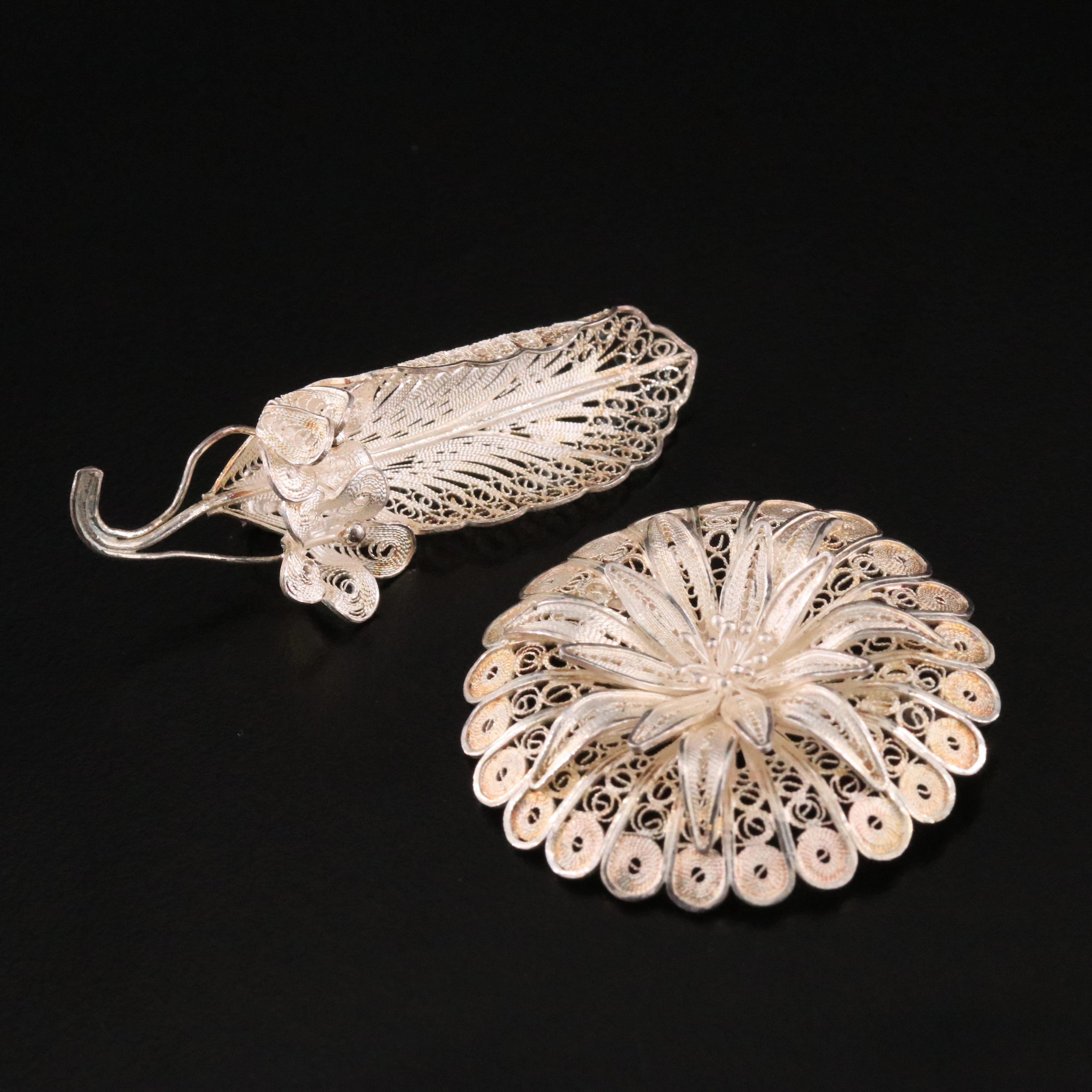 Sterling Filigree Flower and Leaf Brooches