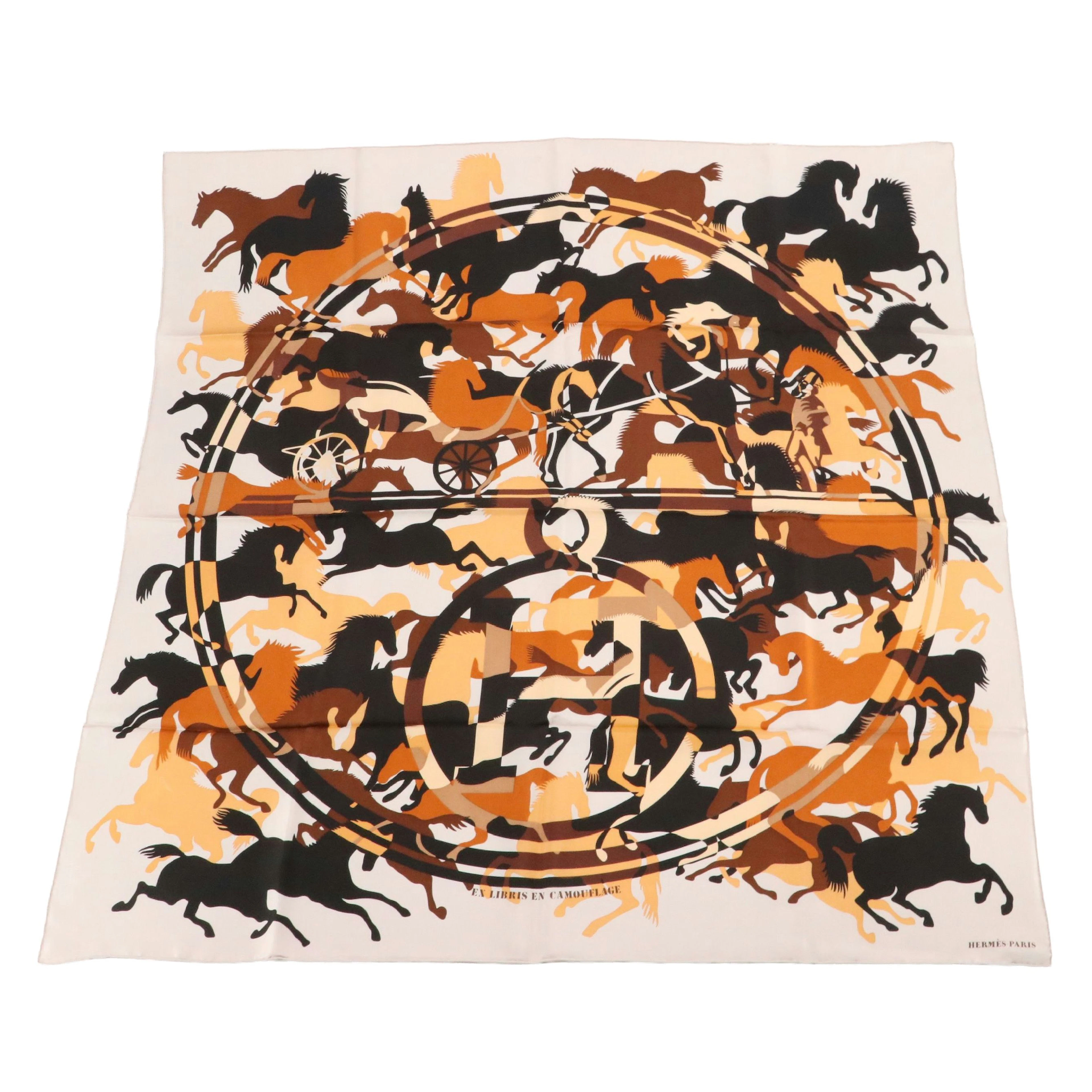 Hermès "Ex-Libris en Camouflage" Scarf 90 in Silk Twill with Box
