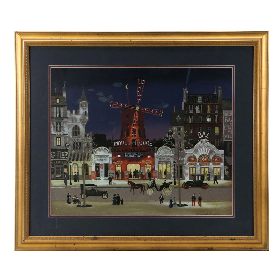 After Michel Delacroix Folk Art Print "Le Moulin Rouge," Late 20th Century