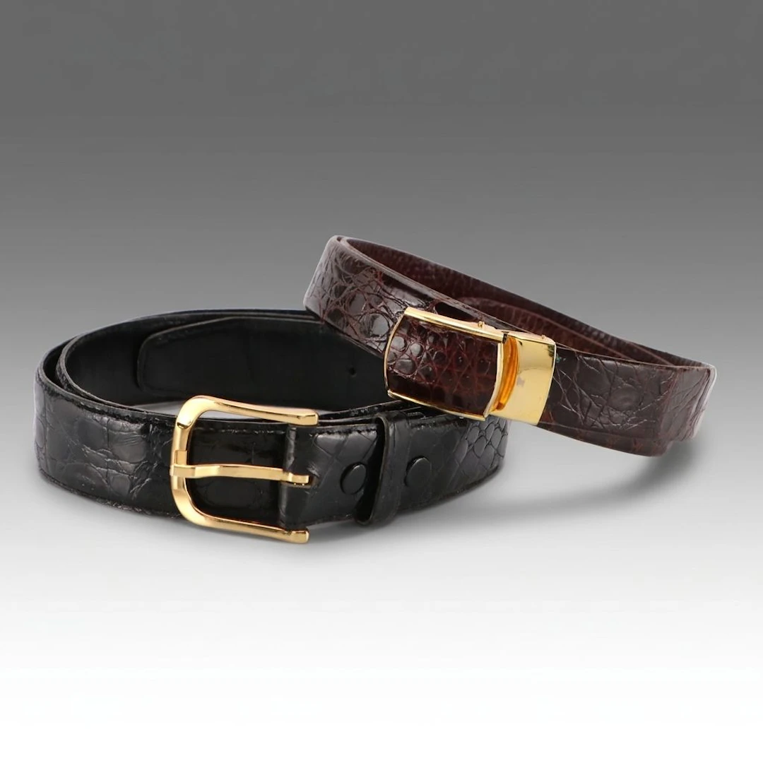 Brown French Crocodile Skin and Black Alligator Skin Belts, Vintage