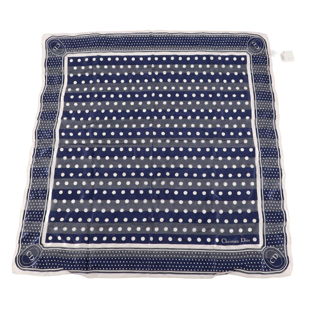 Christian Dior Silk Scarf in Navy and White Polka Dot , NWT