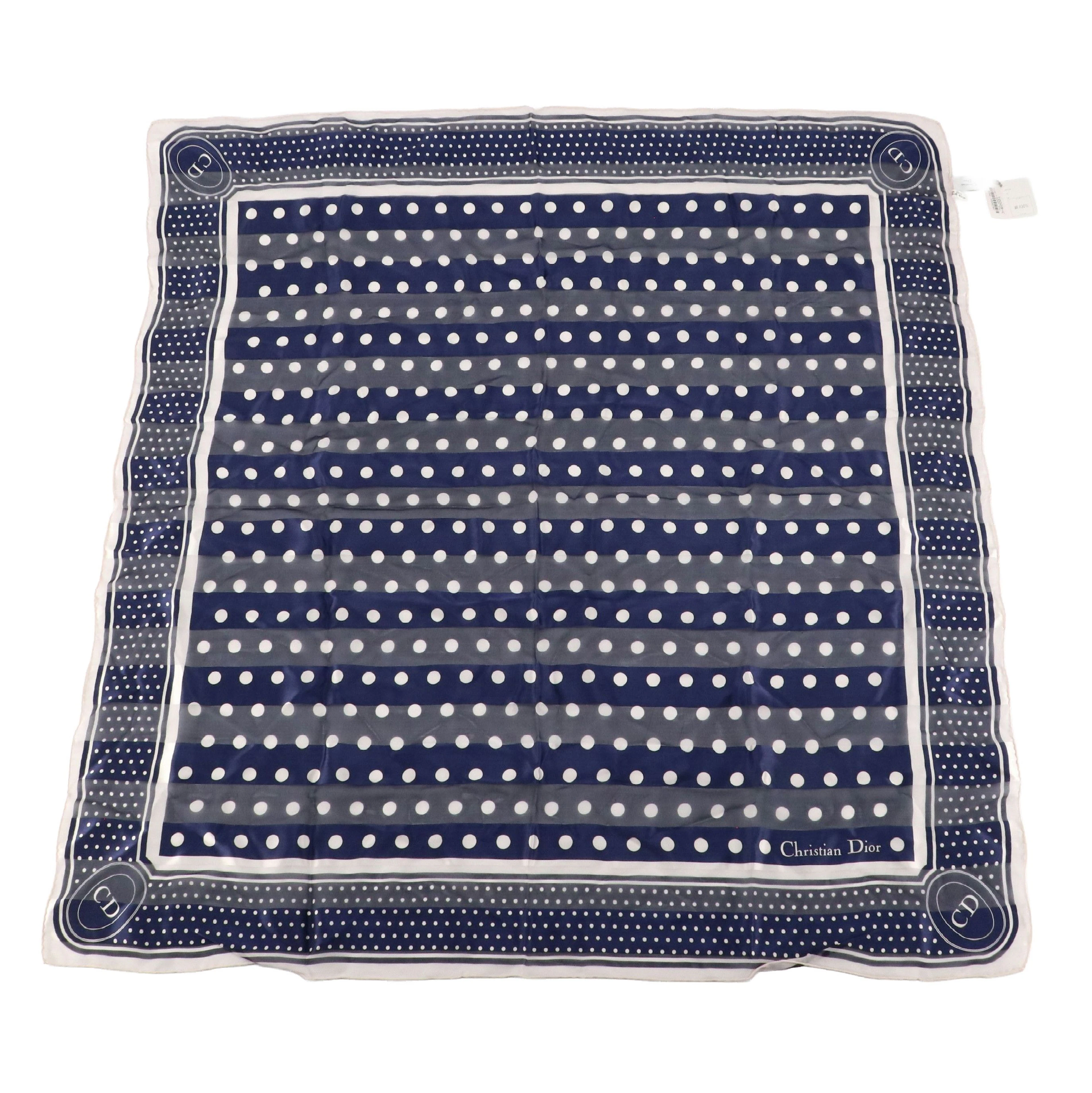 Christian Dior Silk Scarf in Navy and White Polka Dot , NWT