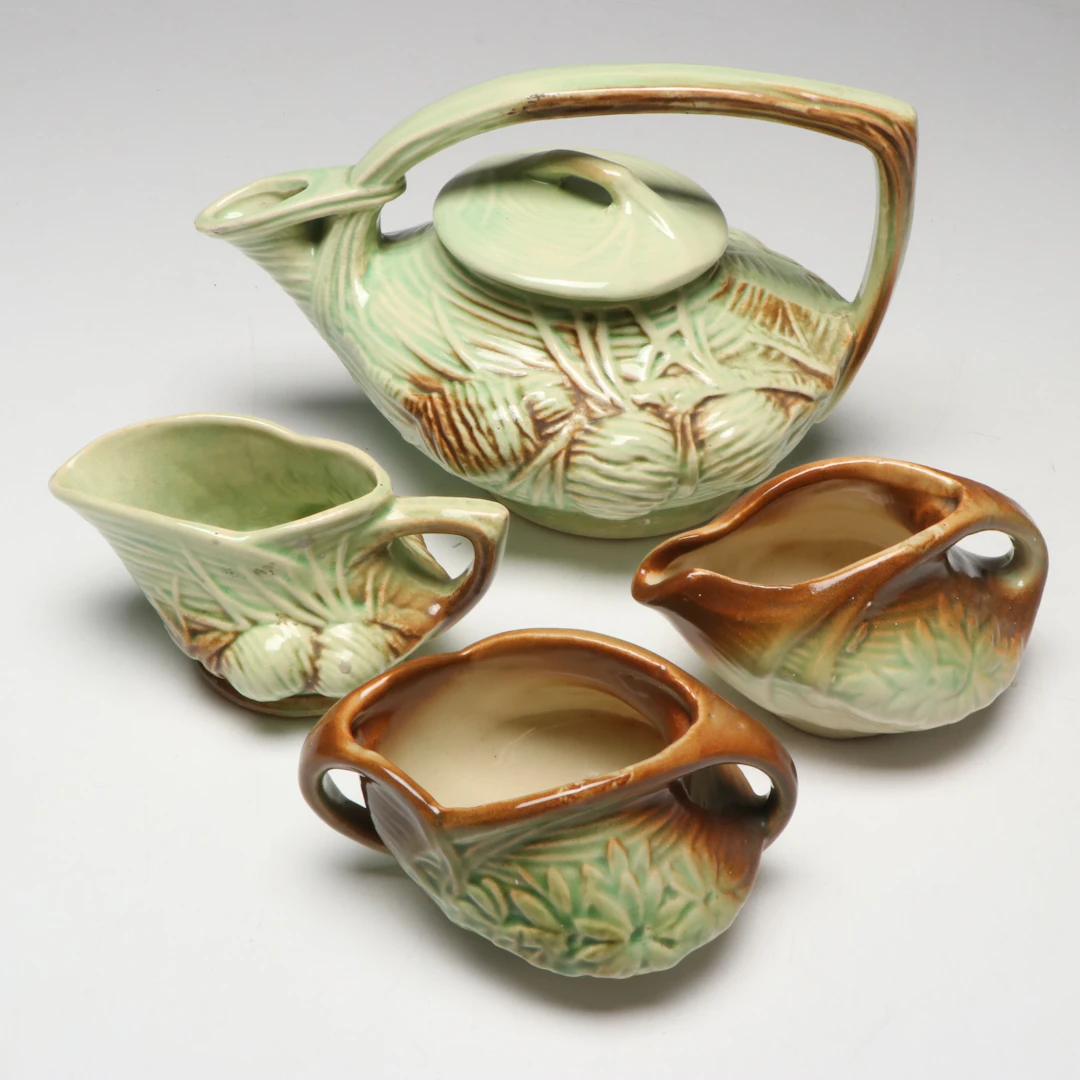 McCoy "Pine Cone" and "Daisy Green" Tea Pot, Creamers and Sugar Bowl