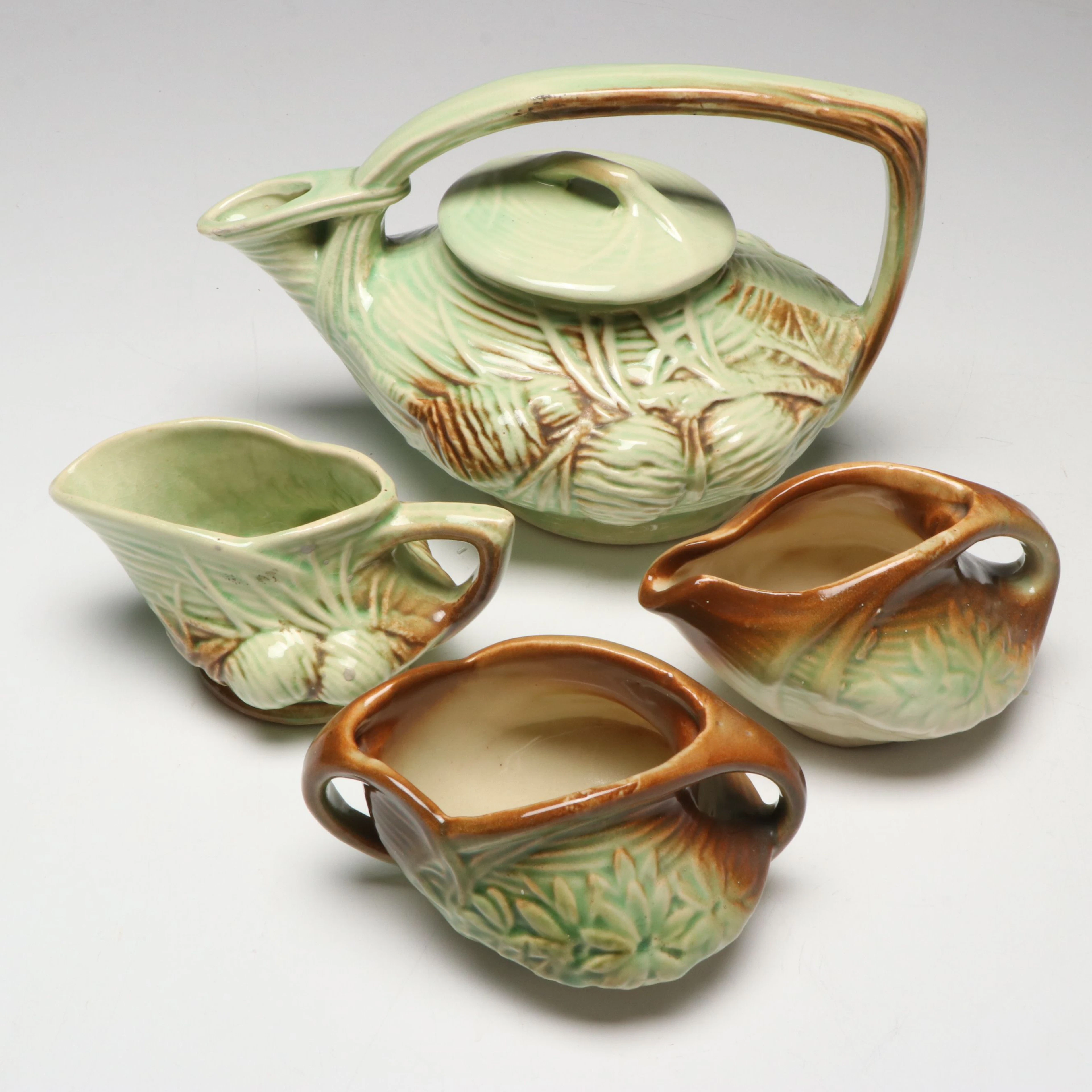 McCoy "Pine Cone" and "Daisy Green" Tea Pot, Creamers and Sugar Bowl