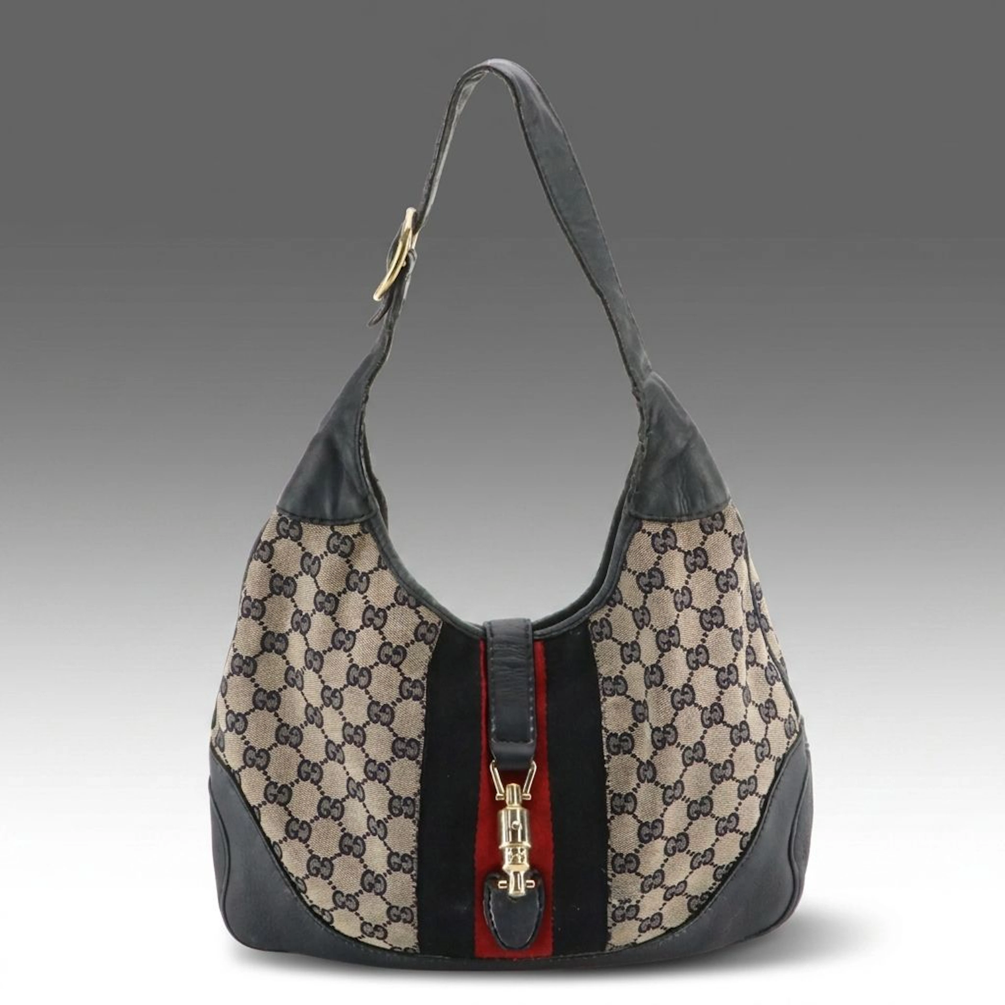 Gucci Jackie Piston-Lock Shoulder Bag in GG Canvas and Blue Calfskin Leather