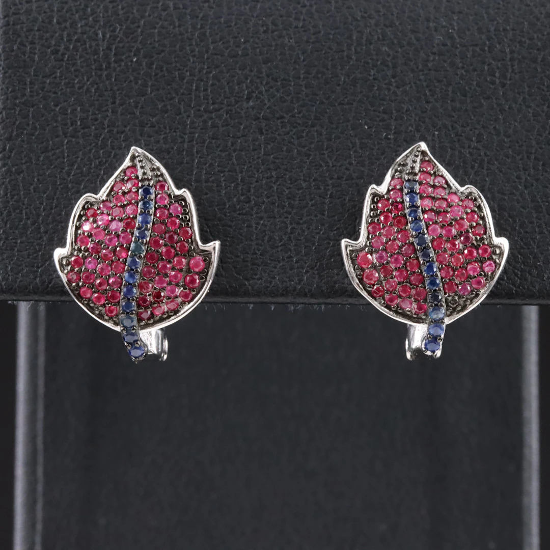 Sterling Pavé Ruby and Sapphire Leaf Earrings