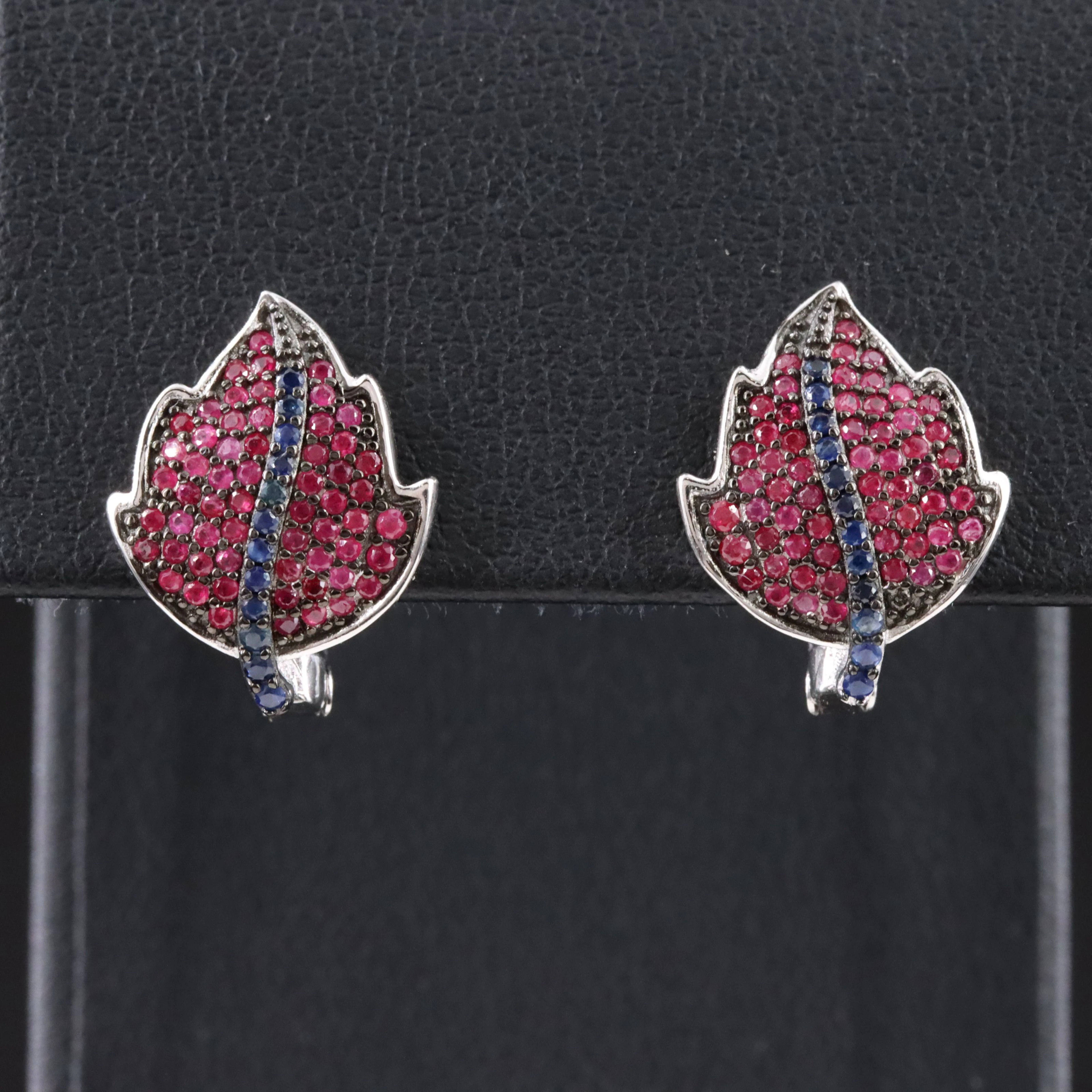 Sterling Pavé Ruby and Sapphire Leaf Earrings