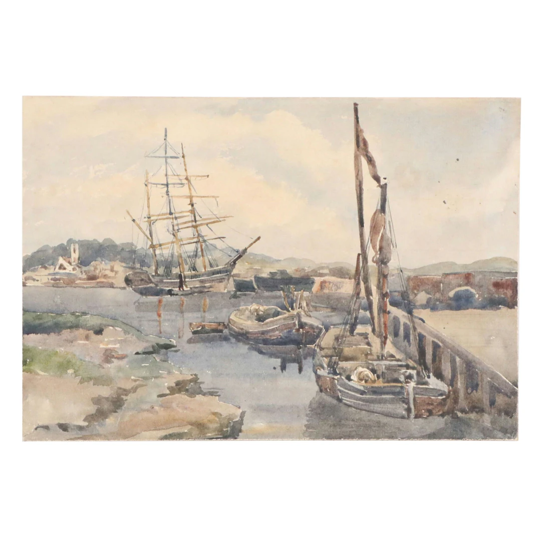 Ellen Eaton Harbor Scene Watercolor Painting "Near Rochester, Kent"