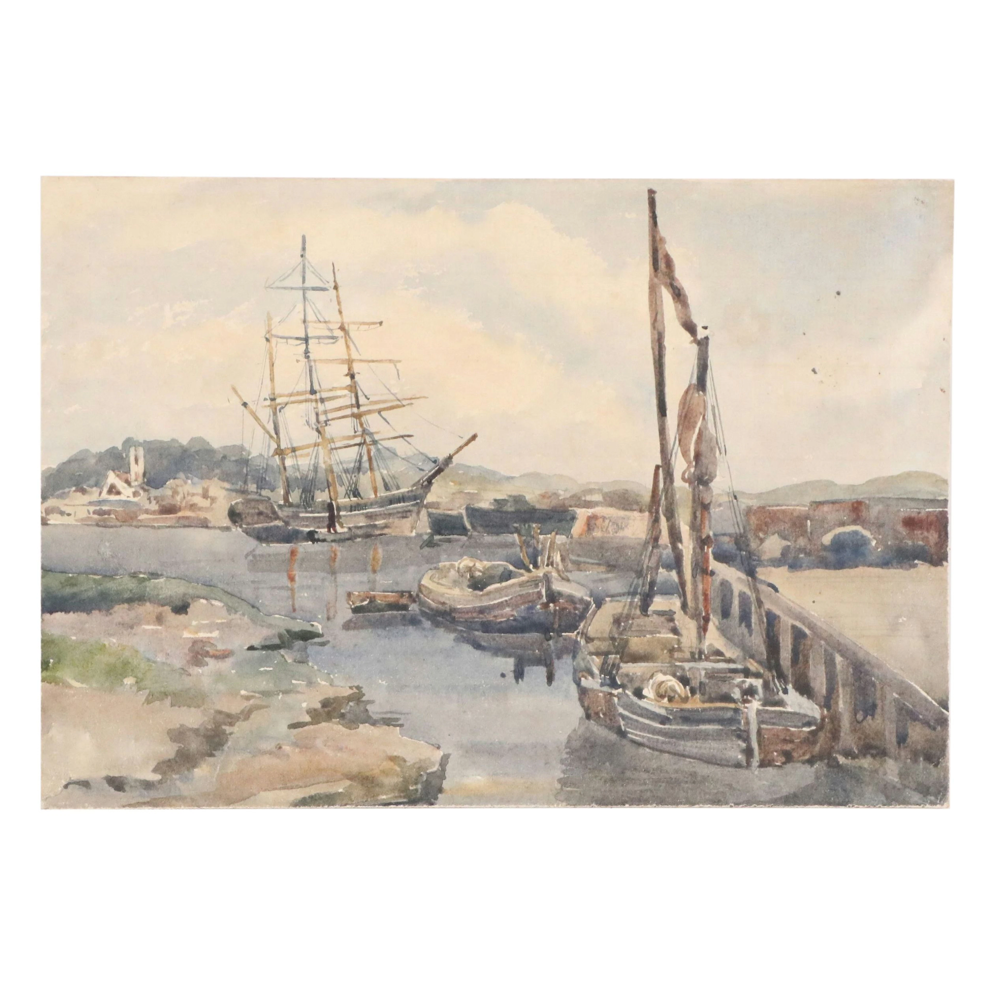 Ellen Eaton Harbor Scene Watercolor Painting "Near Rochester, Kent"