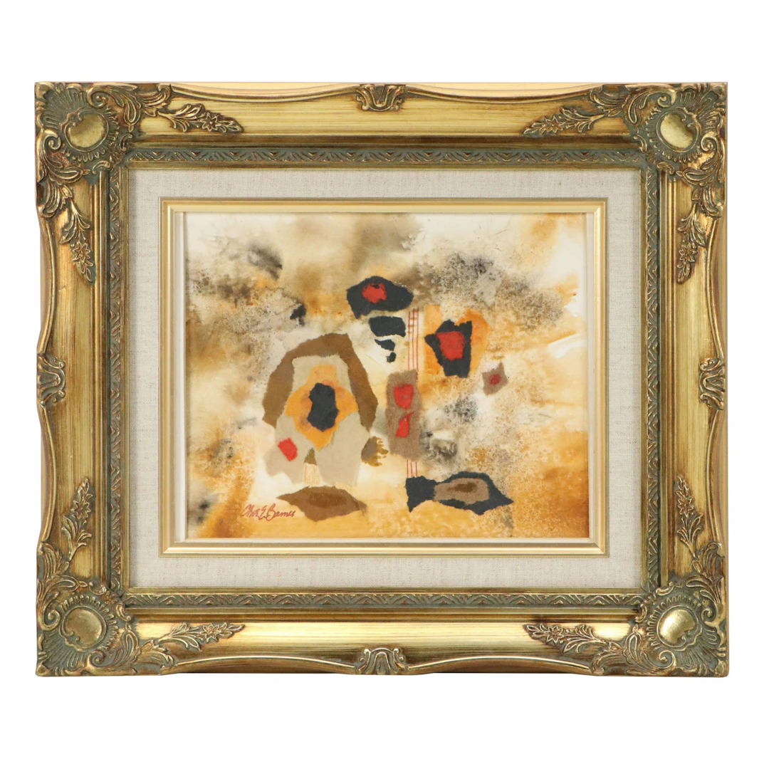 Charles E. Barnes Abstract Collage and Watercolor Painting