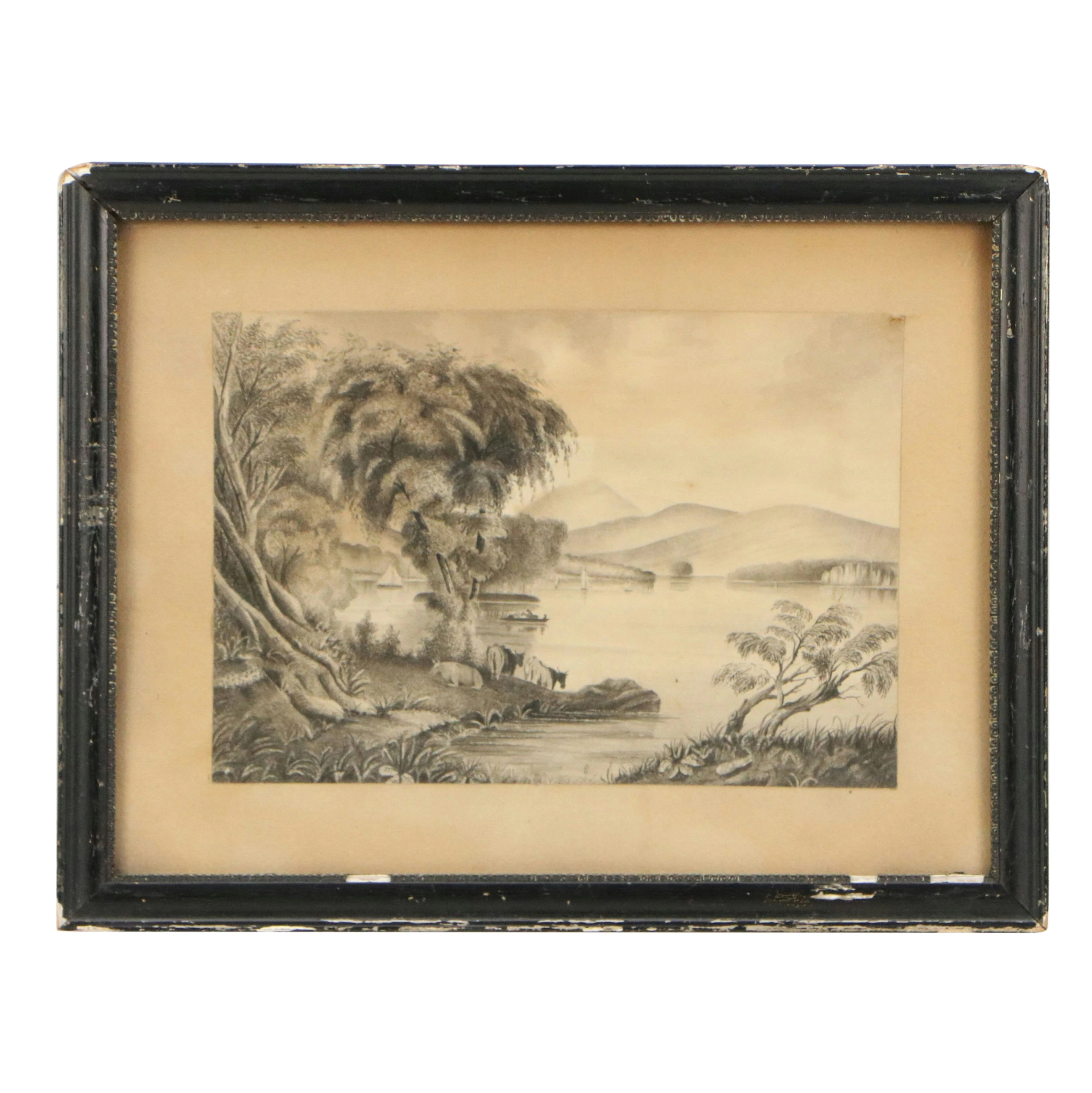Watercolor Painting "Hudson River" Attributed to Edward Hicks, Circa 1820