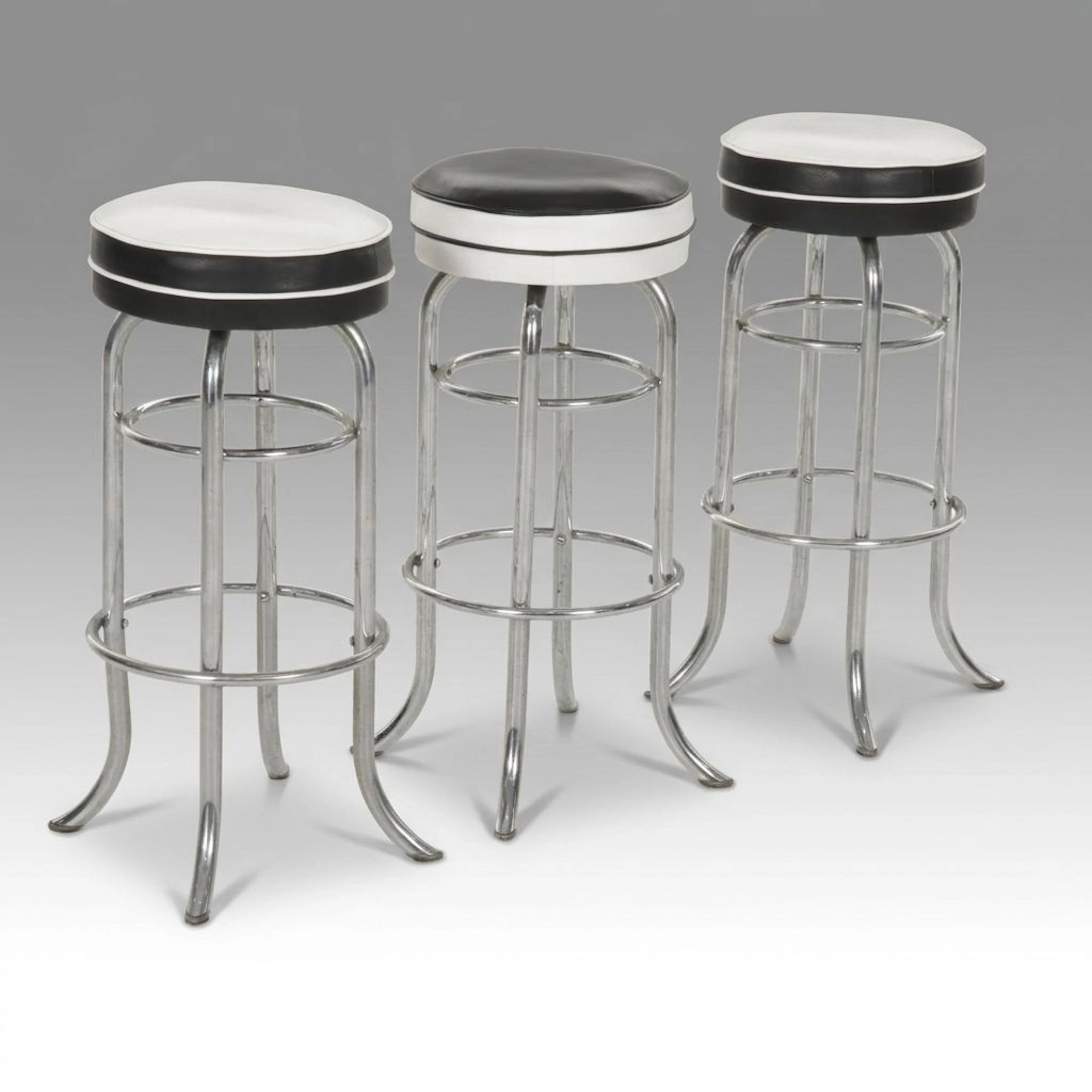 Three Troy Streamiline Metal Art Deco Bar Stools with Faux Leather Upholstery