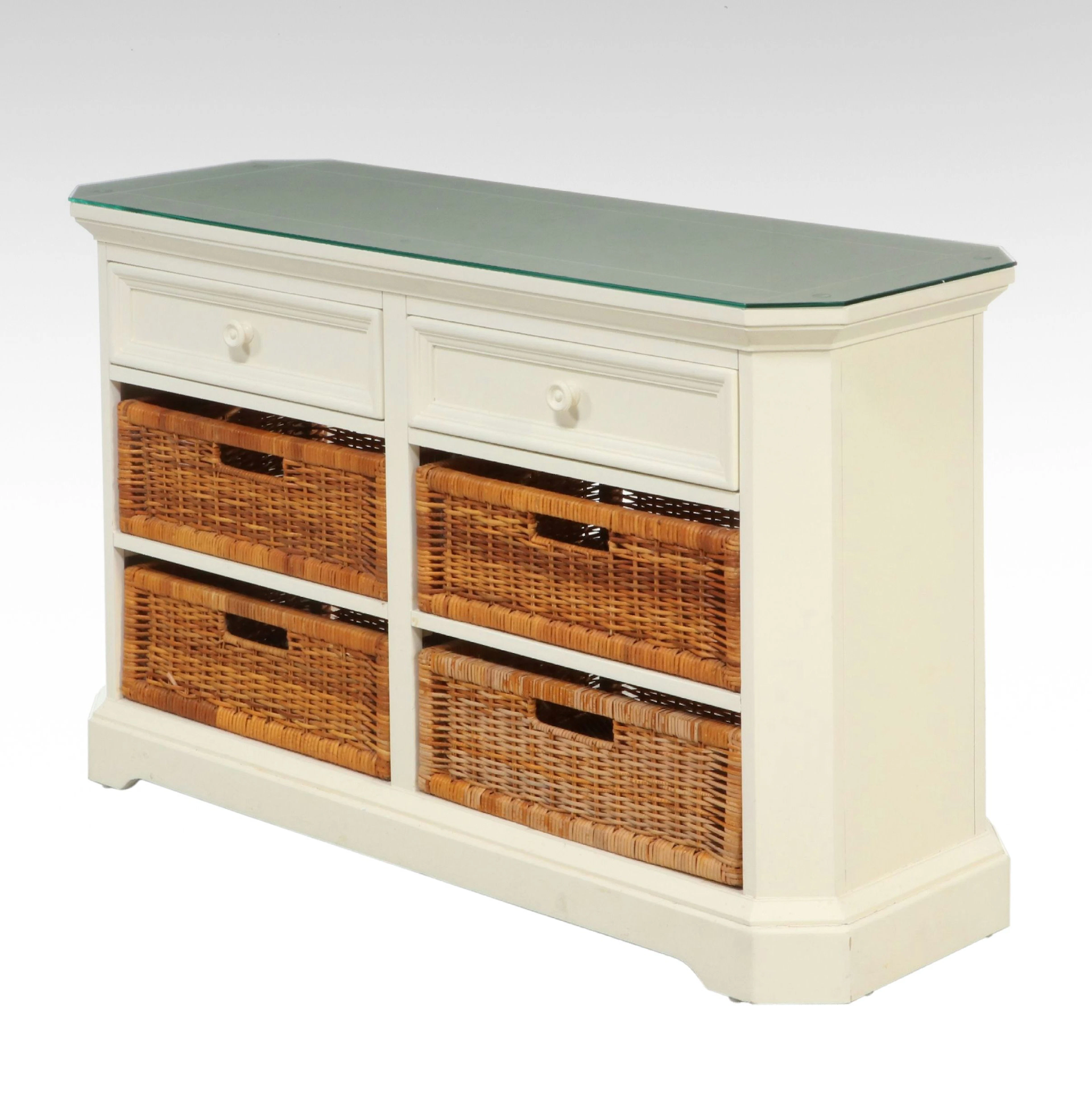 Broyhill White Painted Console Table with Glass Top and Wicker Baskets