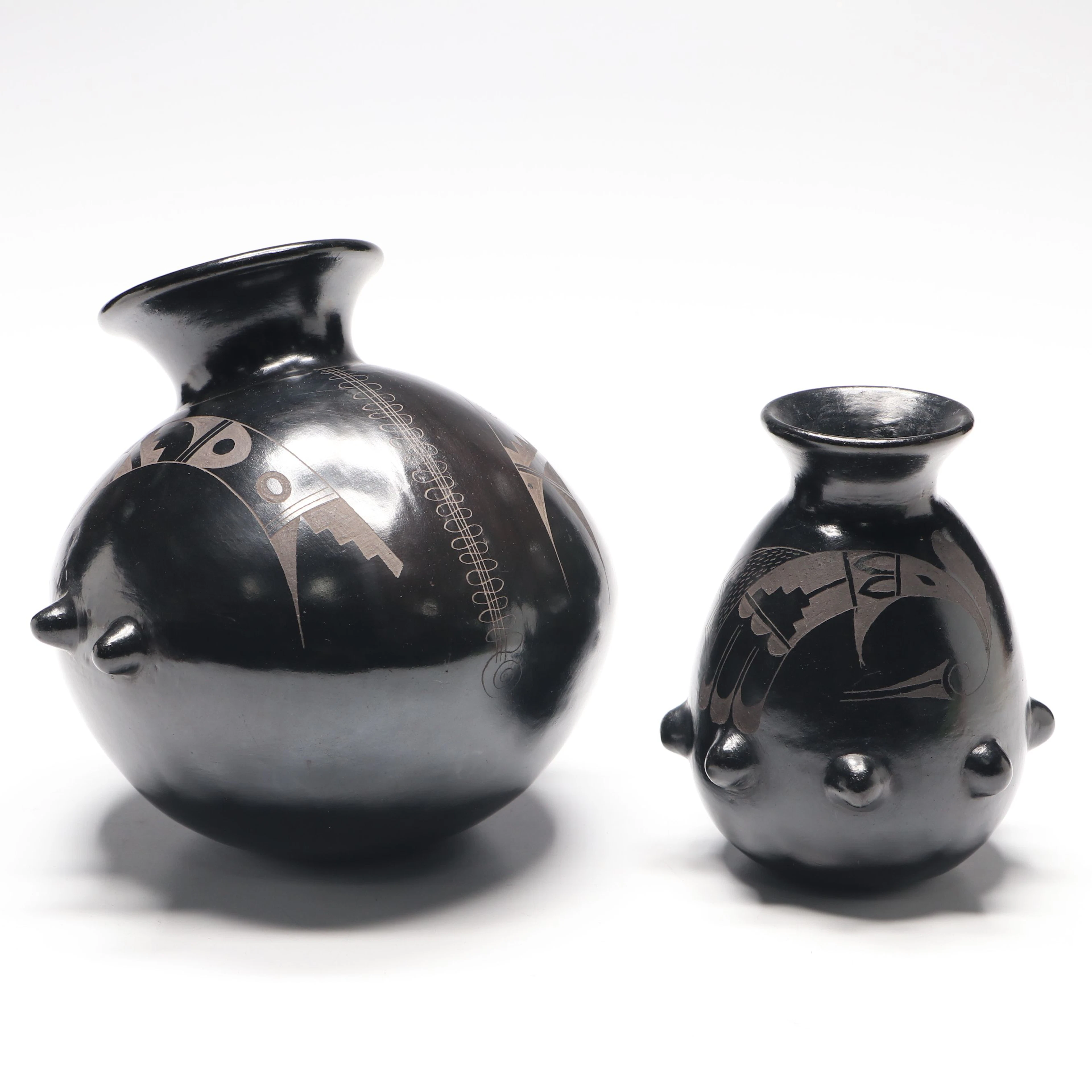 Artist Signed Mexican Sgraffito Blackware Art Pottery Ceramic Vases